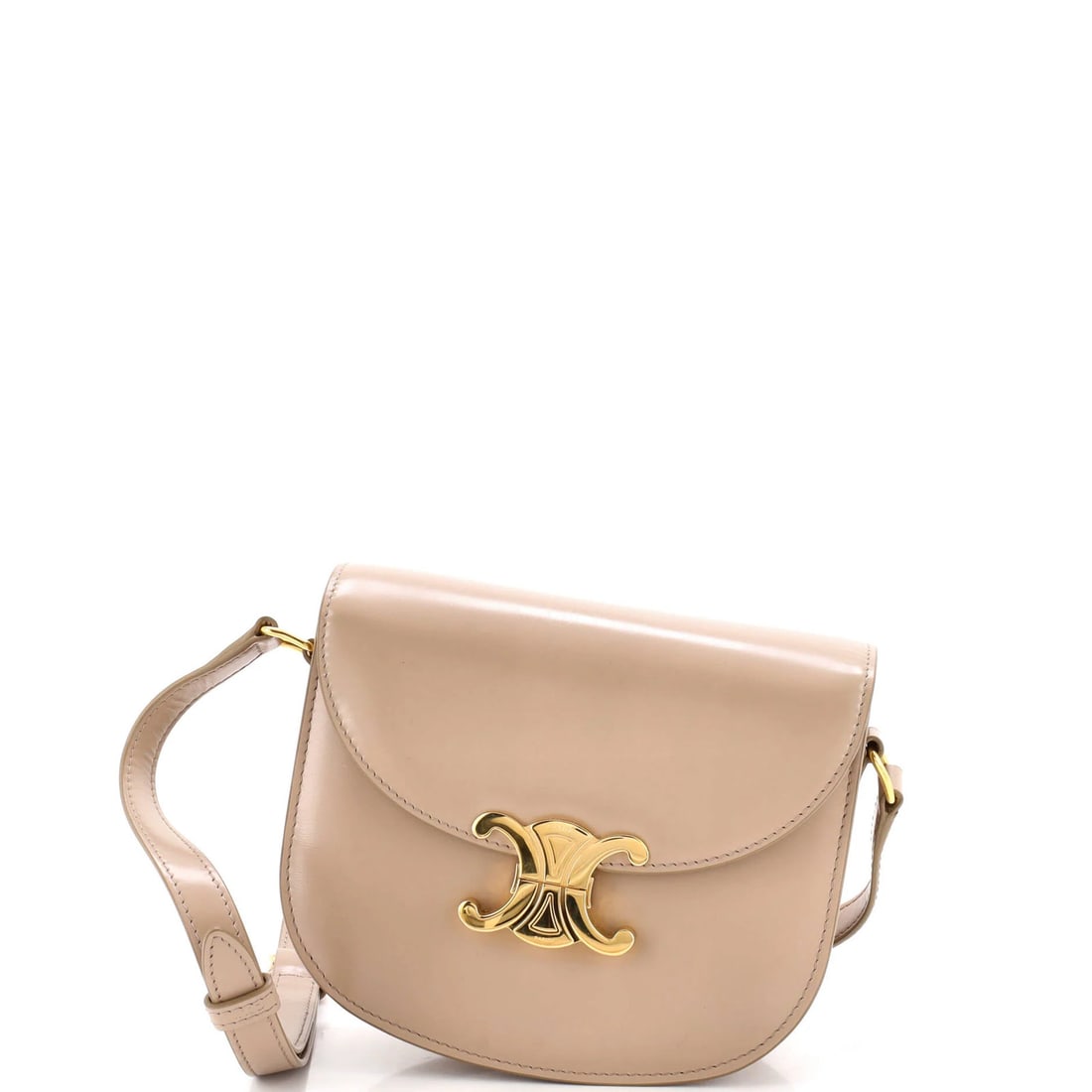 Celine Triomphe Besace Clea Flap Bag Leather: Celine Triomphe Besace Clea Flap Bag Leather Celine Triomphe Besace Clea Flap Bag Leather is a neutral-colored shoulder bag with a classic design, featuring a gold-tone flap closure and leather