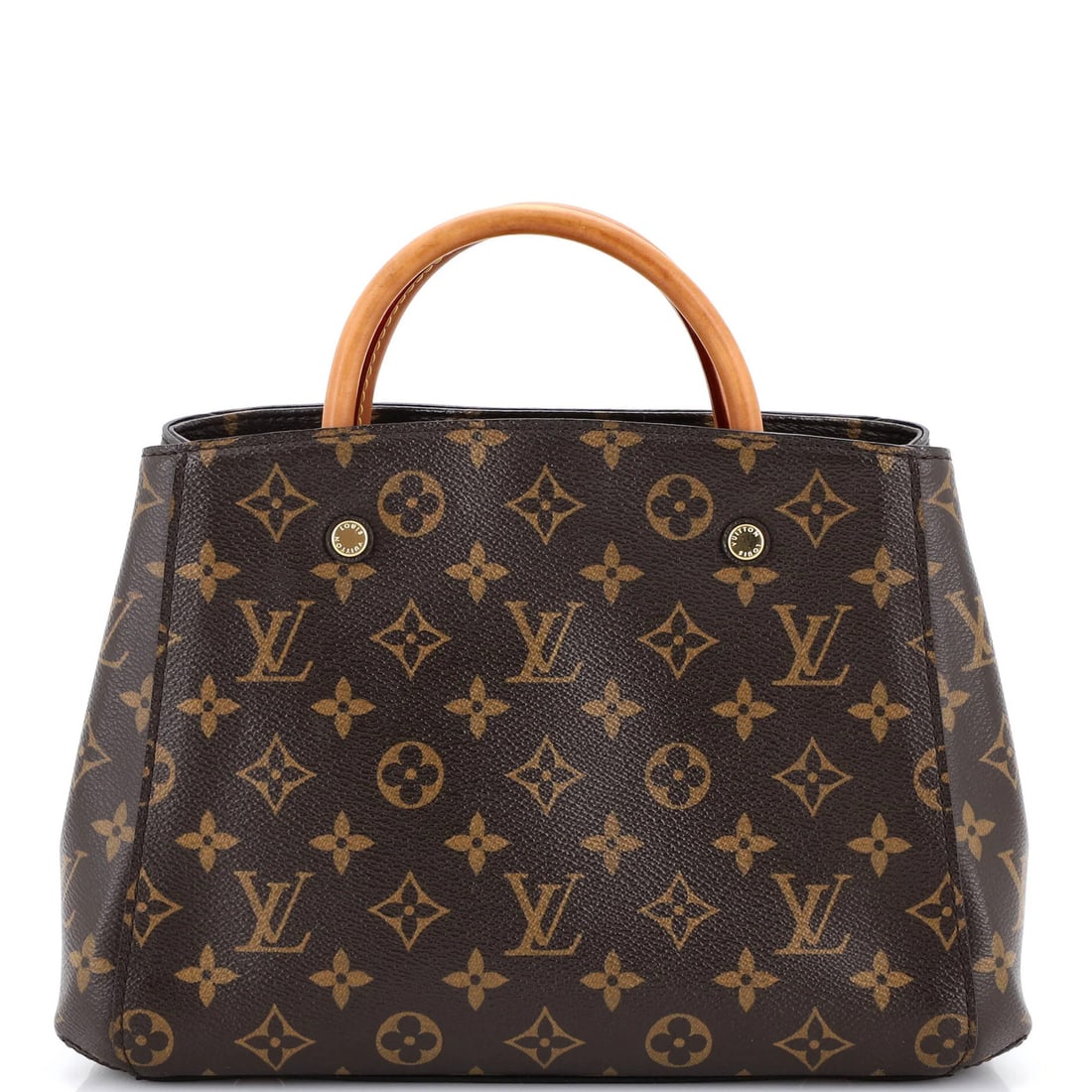 Montaigne Handbag Louis Vuitton Canvas Monogram BB: Montaigne Handbag Louis Vuitton Canvas Monogram BB Brown Louis Vuitton Canvas Monogram BB Top Handle Handbag with Rose Gold Hardware, featuring a classic design and timeless style. Measuring 8" x