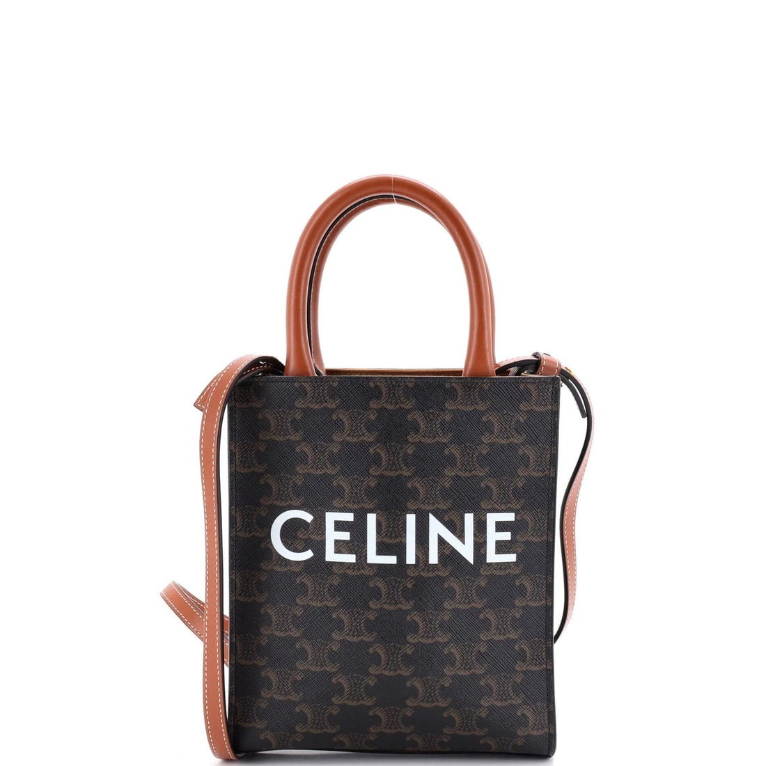 Vertical Cabas Tote Mini Triomphe Coated Canvas Celine: Vertical Cabas Tote Mini Triomphe Coated Canvas Celine Canvas Coated Mini Triomphe Vertical Cabas Tote from Celine features a brown exterior with white accents and gold hardware. The mini size and