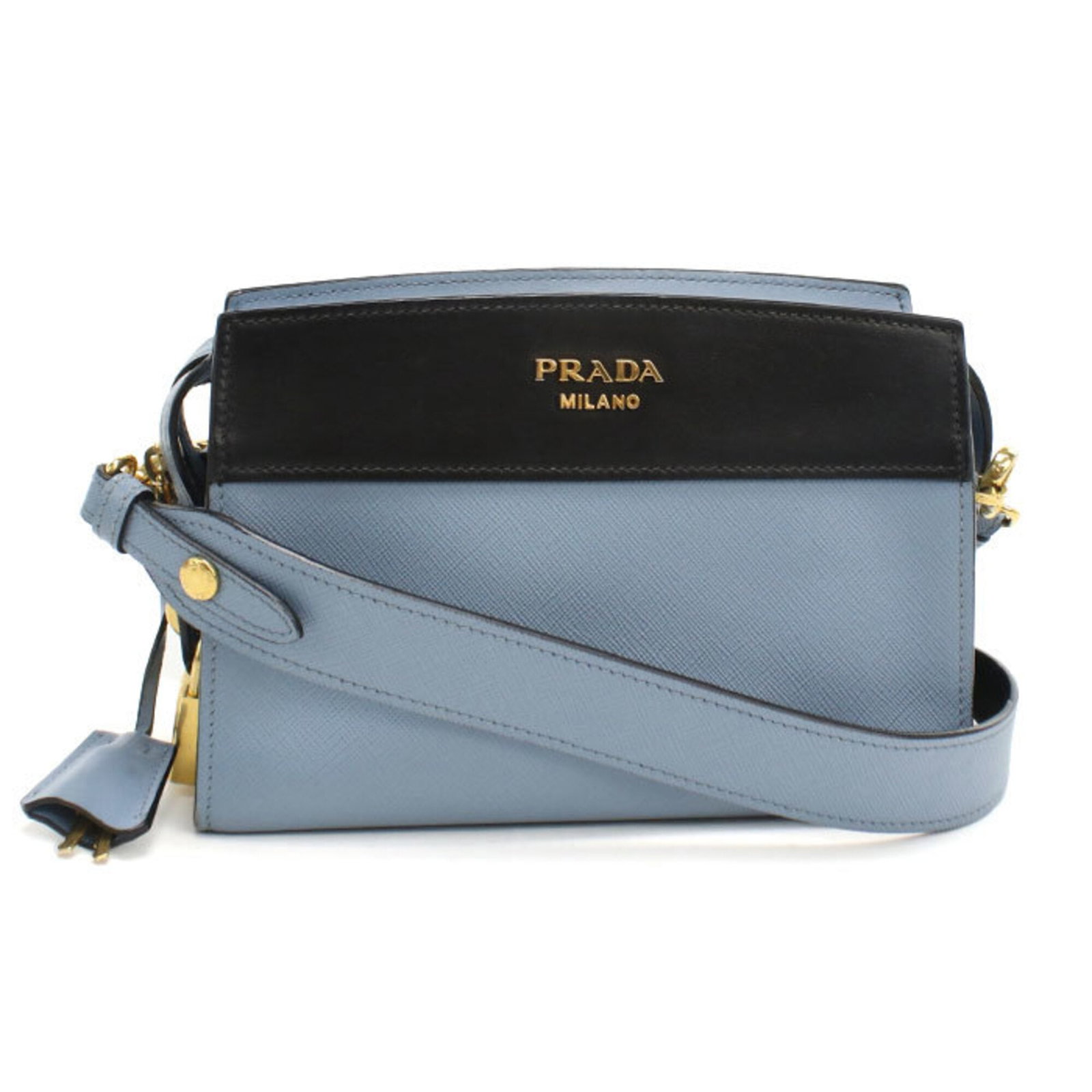Shoulder Bag Leather Prada: Shoulder Bag Leather Prada Blue leather shoulder bag from Prada, Italy, featuring gold hardware and a signature. Made from high-quality leather, this bag measures 15cm x 22cm x 8cm. A stylish and
