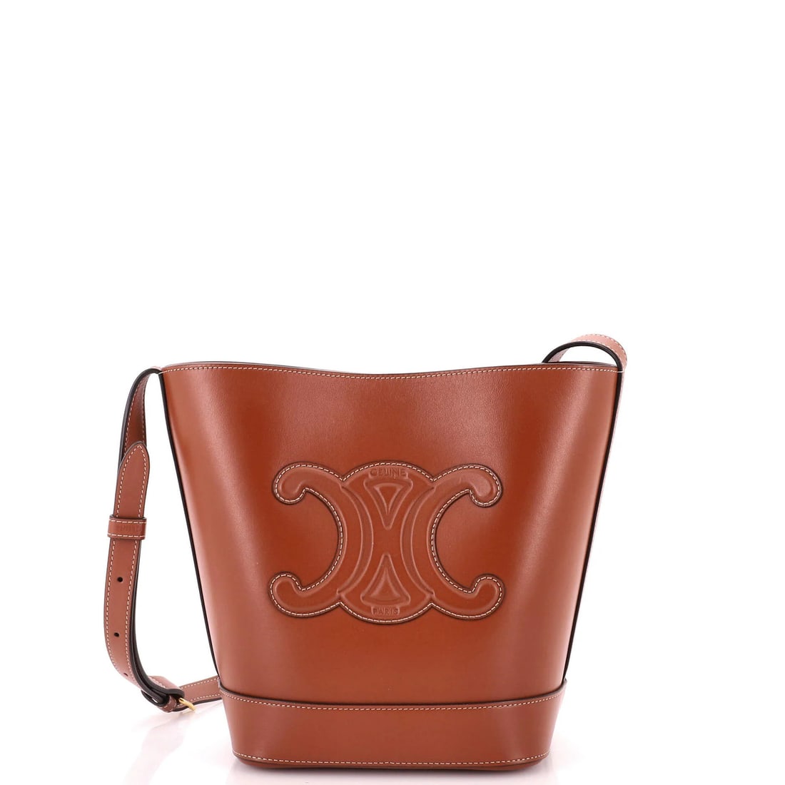 Cuir Triomphe Bag Leather Small Bucket: Cuir Triomphe Bag Leather Small Bucket Small Brown Celine Cuir Triomphe Leather Bucket Bag with Suede Interior and Gold Hardware. Measuring 9" tall, 7" wide, and 5.5" deep, this small bucket bag featu