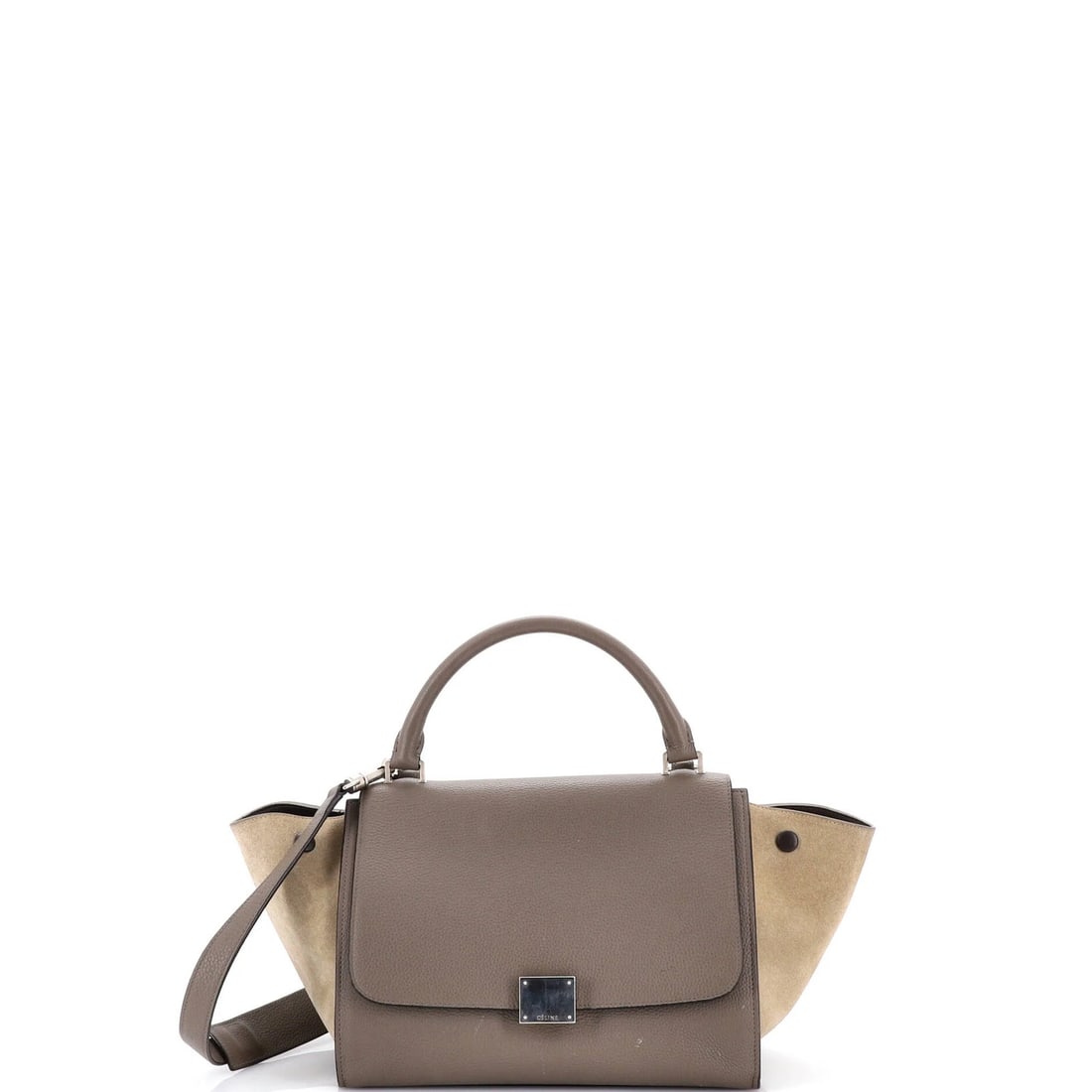 Trapeze Small Leather Celine Bag: Trapeze Small Leather Celine Bag Small Leather Celine Trapeze Bag in Gray, featuring a neutral black interior and aged silver hardware. With a handle drop of 4" and a strap drop of 15", this bag