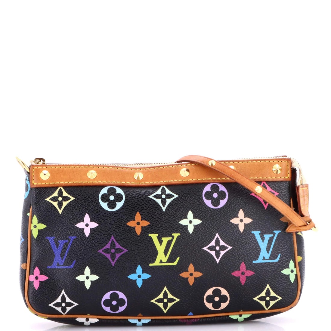 Multicolor Monogram Pochette Louis Vuitton Accessoires: Multicolor Monogram Pochette Louis Vuitton Accessoires Black Multicolor Monogram Canvas Coated Pochette Accessoires with 5.5" Gold Strap Drop, featuring a neutral microfiber interior and gold