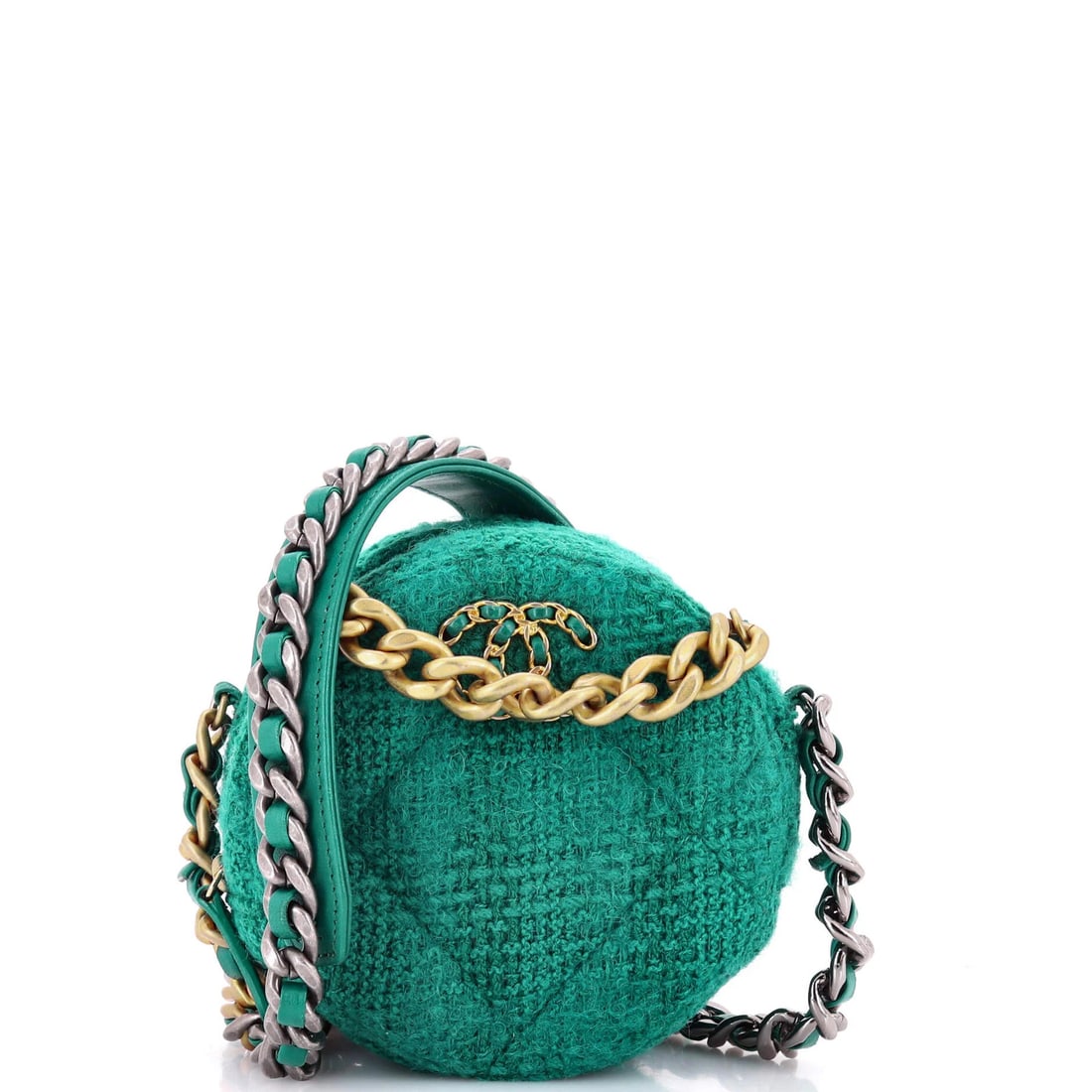 Round Clutch with Chain Coin Purse Quilted Tweed Lambskin: Round Clutch with Chain Coin Purse Quilted Tweed Lambskin Round Clutch with Chain and Coin Purse, Quilted Tweed and Lambskin, Green Exterior, 5" Height, 5" Width, 2" Depth, 1" Handle Drop, 23.5"