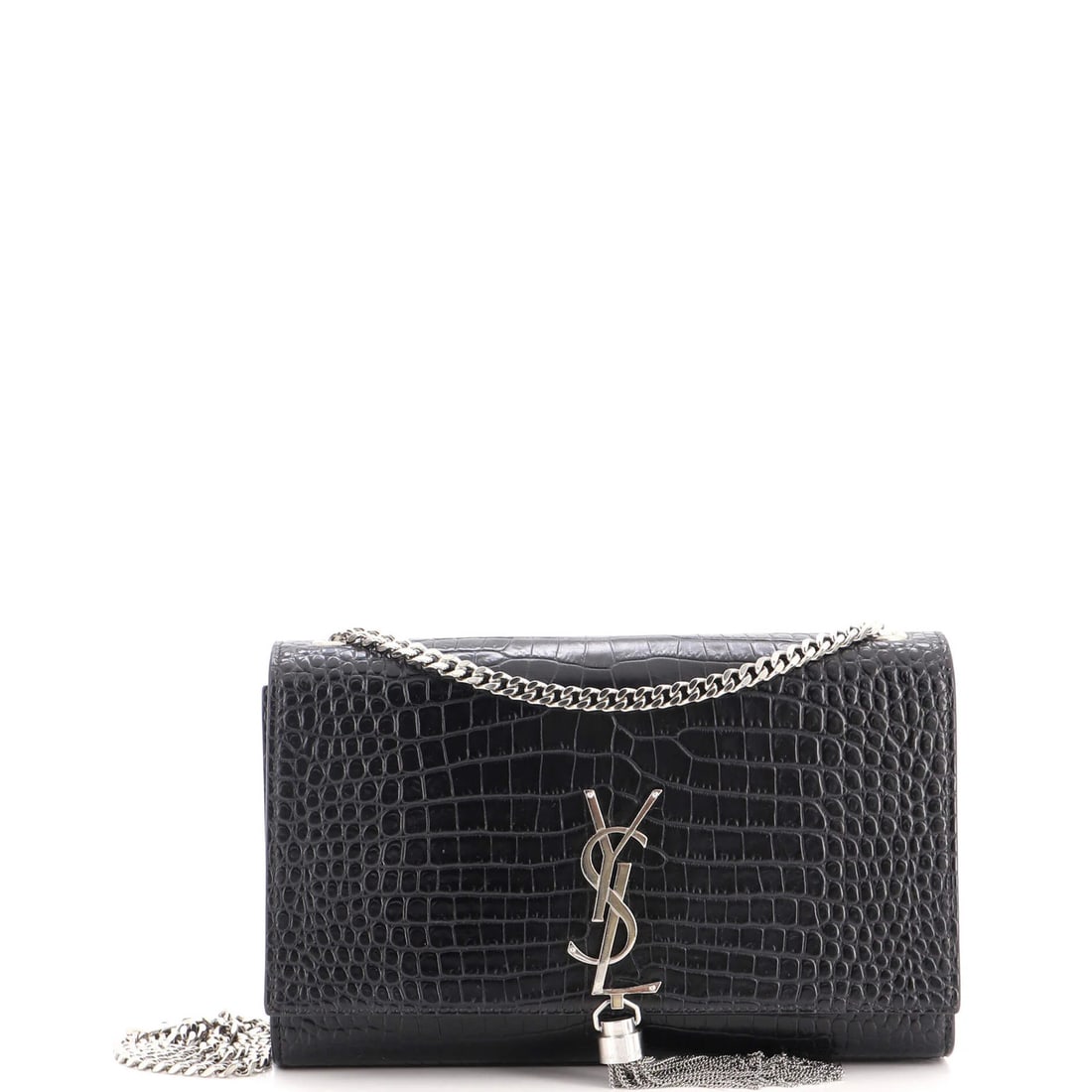 Crocodile Embossed Leather Saint Laurent Classic Tassel Bag Monogram Crossbody: Crocodile Embossed Leather Saint Laurent Classic Tassel Bag Monogram Crossbody Crocodile embossed leather adds a touch of luxury to this Saint Laurent Classic Tassel Bag Monogram Crossbody, featuring 