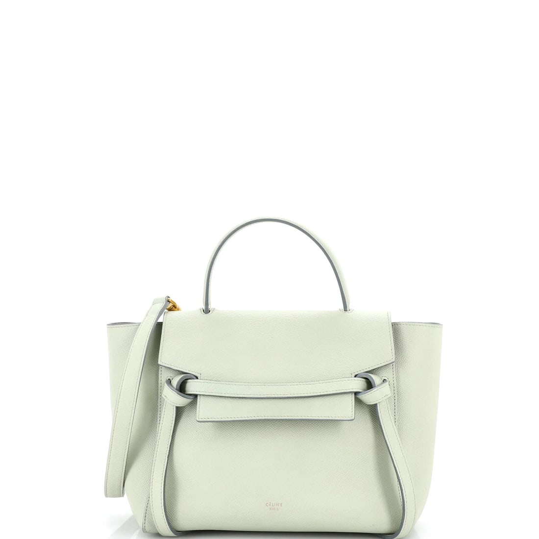 Textured Leather Belt Bag Celine Micro: Textured Leather Belt Bag Celine Micro Celine Micro Belt Bag in textured leather features a green exterior with suede interior, adorned with an aged gold buckle. The bag boasts a unique top handle