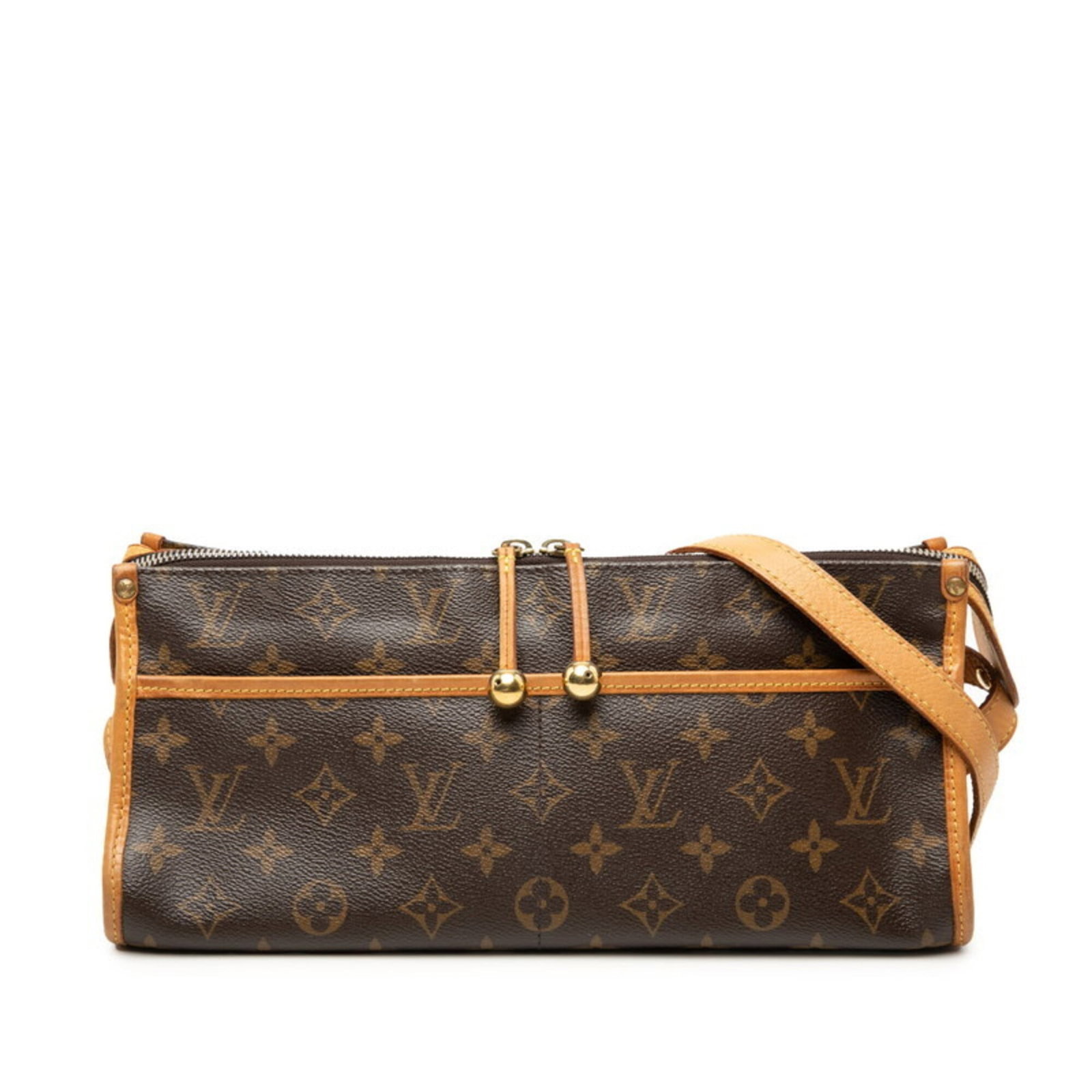 PVC Leather Louis Vuitton Shoulder Bag: PVC Leather Louis Vuitton Shoulder Bag PVC and leather combine in this Louis Vuitton shoulder bag, featuring a distinctive brown color and a unique material blend. The bag measures 14cm x 31cm x