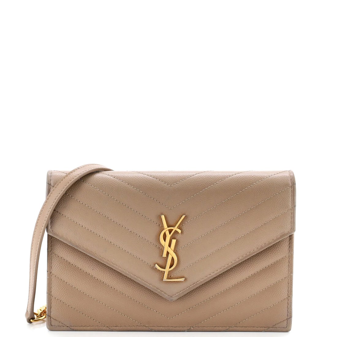 Classic Monogram Wallet on Chain Small Saint Leather Matelasse Chevron: Classic Monogram Wallet on Chain Small Saint Leather Matelasse Chevron Small Saint Laurent Classic Monogram Wallet on Chain Matelasse Chevron features a neutral exterior with a gold-toned chain strap