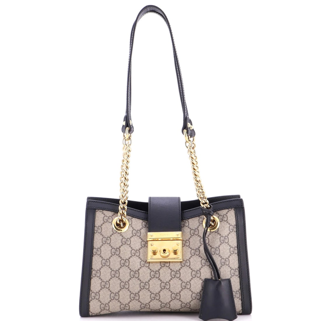Gucci small GG canvas coated leather tote padlock chain: Gucci small GG canvas coated leather tote padlock chain Small Gucci GG Canvas Coated Leather Tote Padlock Chain, featuring a classic shoulder bag design with a durable padlock chain, perfect for addin