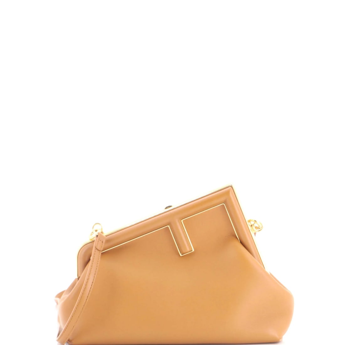 Small Leather Bag Fendi First: Small Leather Bag Fendi First Small Leather Bag Fendi First, in rich brown leather, boasts a sleek design with a 7.5" height and 9.5" width, making it a stylish accessory. The bag features a gold-tone