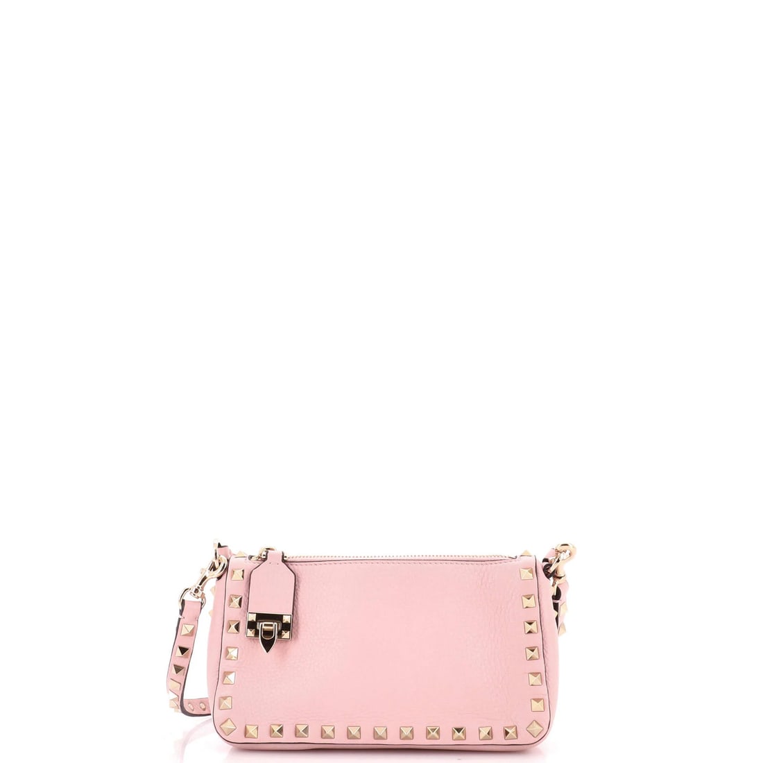 Garavani Valentino Rockstud Leather Small Pochette Zip Shoulder Bag: Garavani Valentino Rockstud Leather Small Pochette Zip Shoulder Bag Pink Rockstud Leather Small Pochette Zip Shoulder Bag from Valentino Garavani features a sleek design with minor creases on the exte