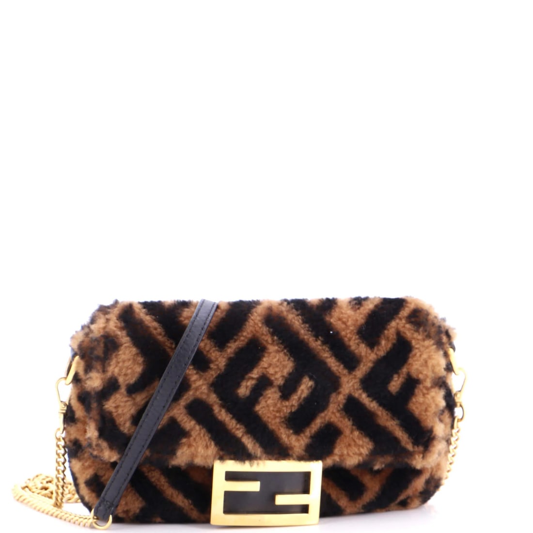 Baguette Shearling Mini Fendi Zucca Bag: Baguette Shearling Mini Fendi Zucca Bag Shearling and leather come together in the Baguette Zucca Mini Fendi, a cross-body bag with a rich brown exterior and gold hardware. The bag features a mini