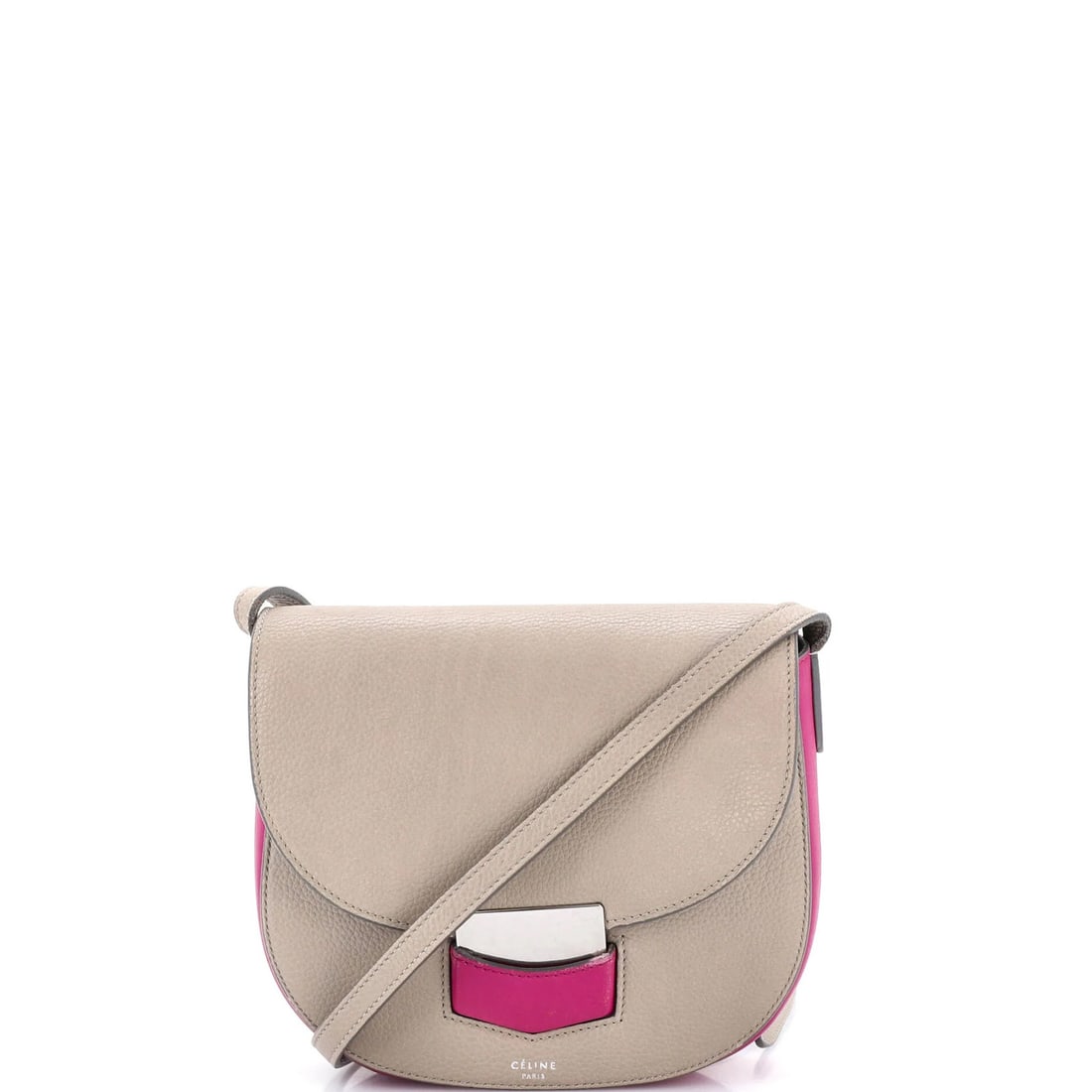 Leather Small Grainy Crossbody Bag Celine: Leather Small Grainy Crossbody Bag Celine Small Grainy Crossbody Bag by Celine features a neutral exterior with scuffs, edge wear, and minor cracking, showcasing a unique grainy leather texture. The b