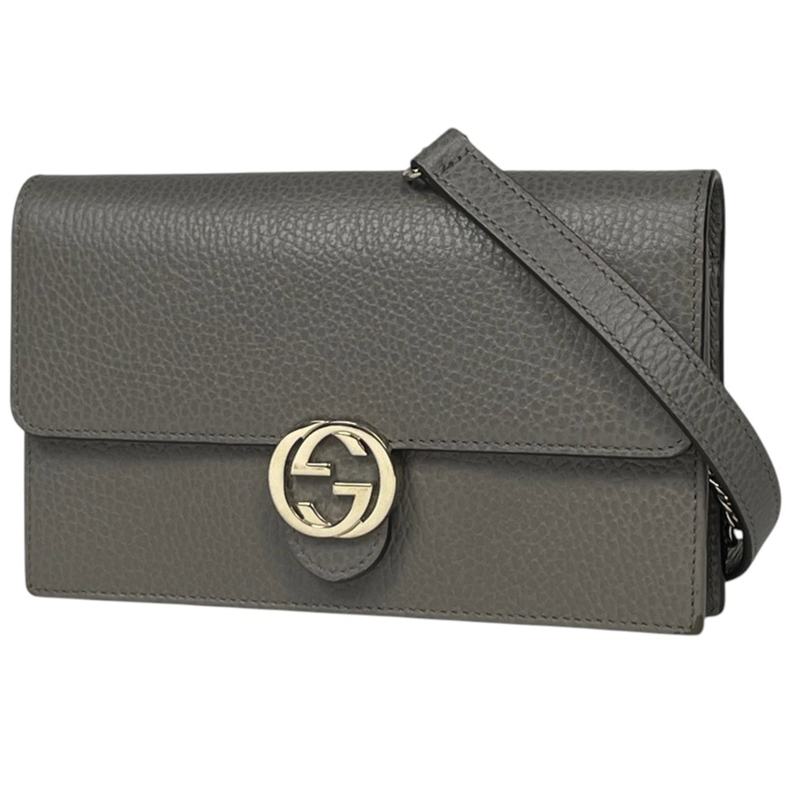 Chain Leather Shoulder Wallet Gucci: Chain Leather Shoulder Wallet Gucci Chain Leather Shoulder Wallet Gucci bears a signature and features a sleek, gray leather design. Measuring 12cm x 19cm x 3cm, this shoulder wallet combines style