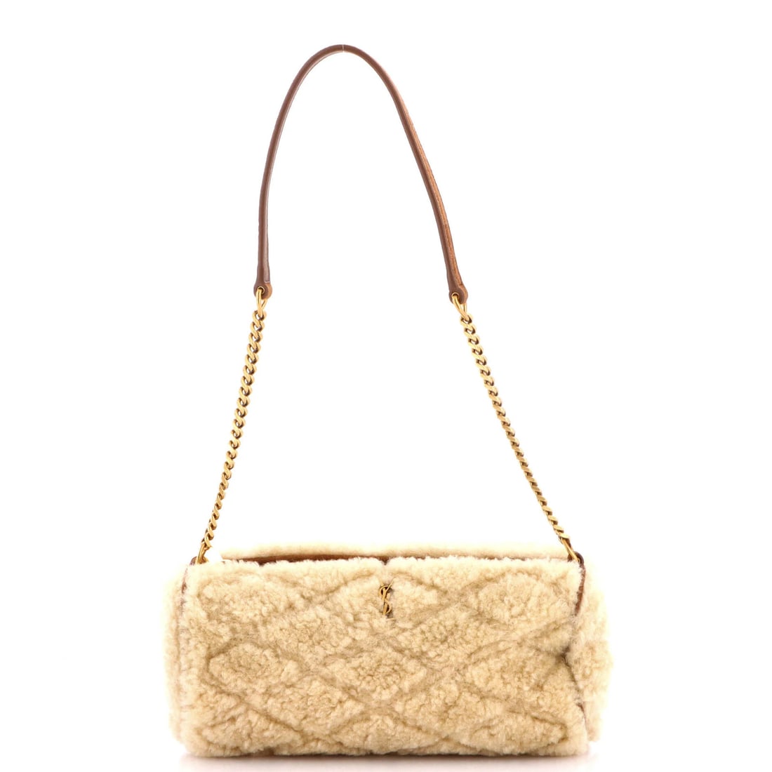 Shearling Quilted Mini Sade Tube Bag Saint Laurent: Shearling Quilted Mini Sade Tube Bag Saint Laurent Shearling quilted mini Sade tube bag from Saint Laurent, featuring a luxurious brown exterior and black interior, with gold hardware. The bag's