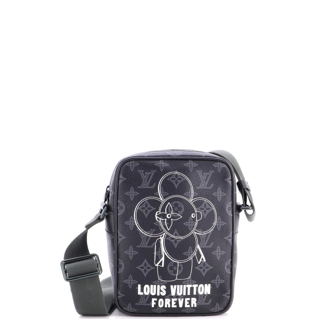 Limited Edition Louis Vuitton Danube Handbag Monogram Vivienne PM Eclipse: Limited Edition Louis Vuitton Danube Handbag Monogram Vivienne PM Eclipse Canvas Coated Louis Vuitton Danube Handbag Monogram Vivienne PM Eclipse in Black, featuring a striking print and green