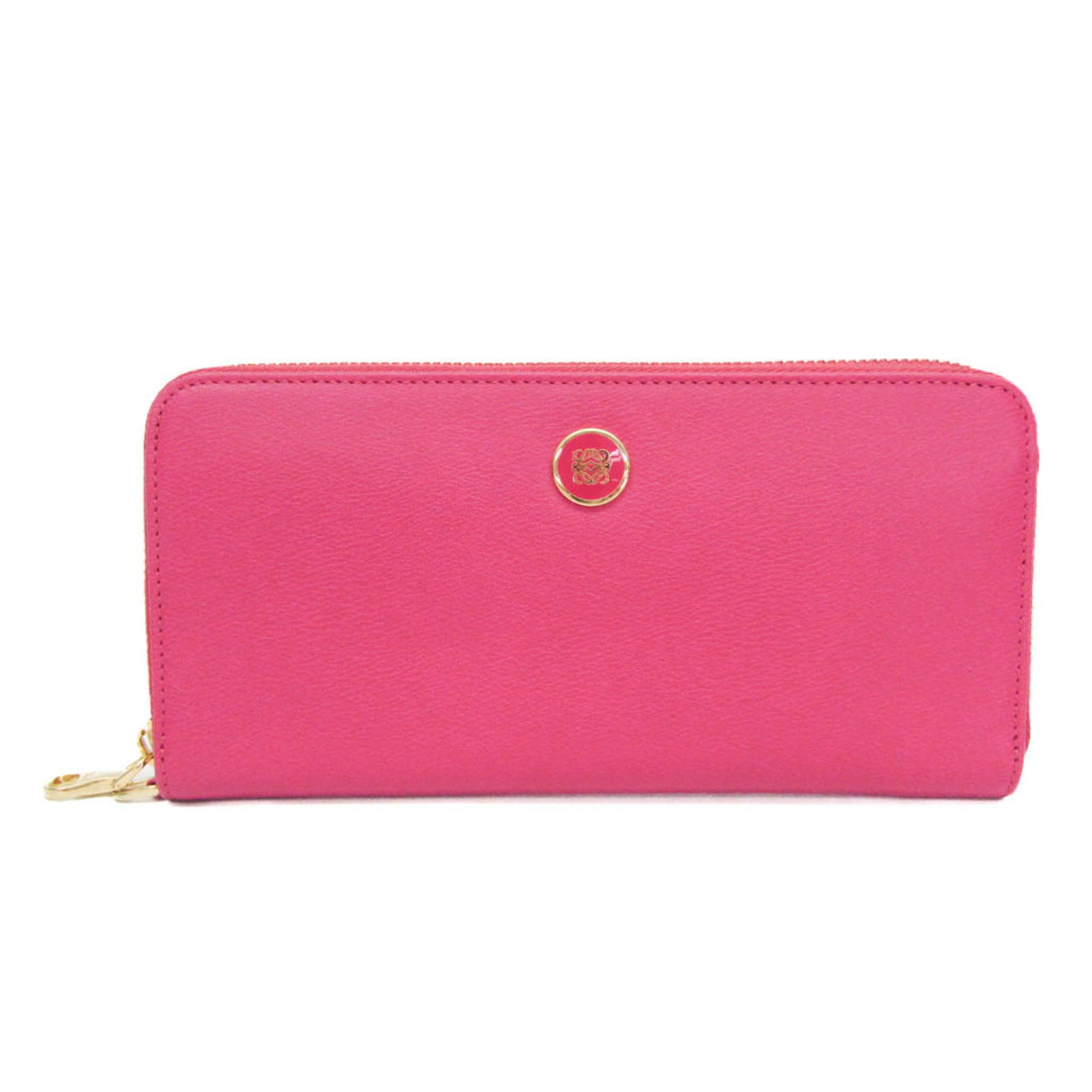 Leather Bi Fold Long Wallet: Leather Bi Fold Long Wallet The Loewe Anagram Button Long Wallet is a stylish and functional accessory, featuring a sleek pink leather design with a zipper closure and multiple pockets for organizatio