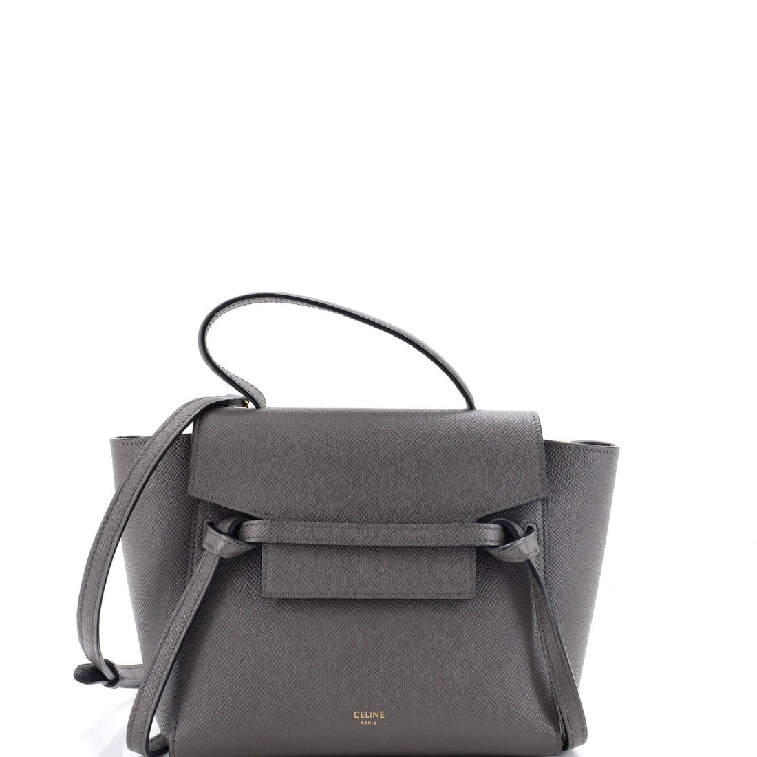 Nano Celine Belt Bag Textured Leather: Nano Celine Belt Bag Textured Leather Gray textured leather Celine Nano Belt Bag with 8" x 8" x 4" dimensions, 3" drop handle, and 19-22" adjustable strap. The bag features minor creases on the