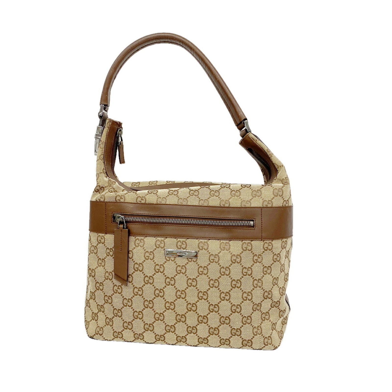 Shoulder Bag Canvas: Shoulder Bag Canvas Brown canvas shoulder bag with silver hardware, measuring 23cm x 27.5cm x 13cm, bearing a signature. This Gucci MPN 001 4298 shoulder bag is made of canvas and features a classic