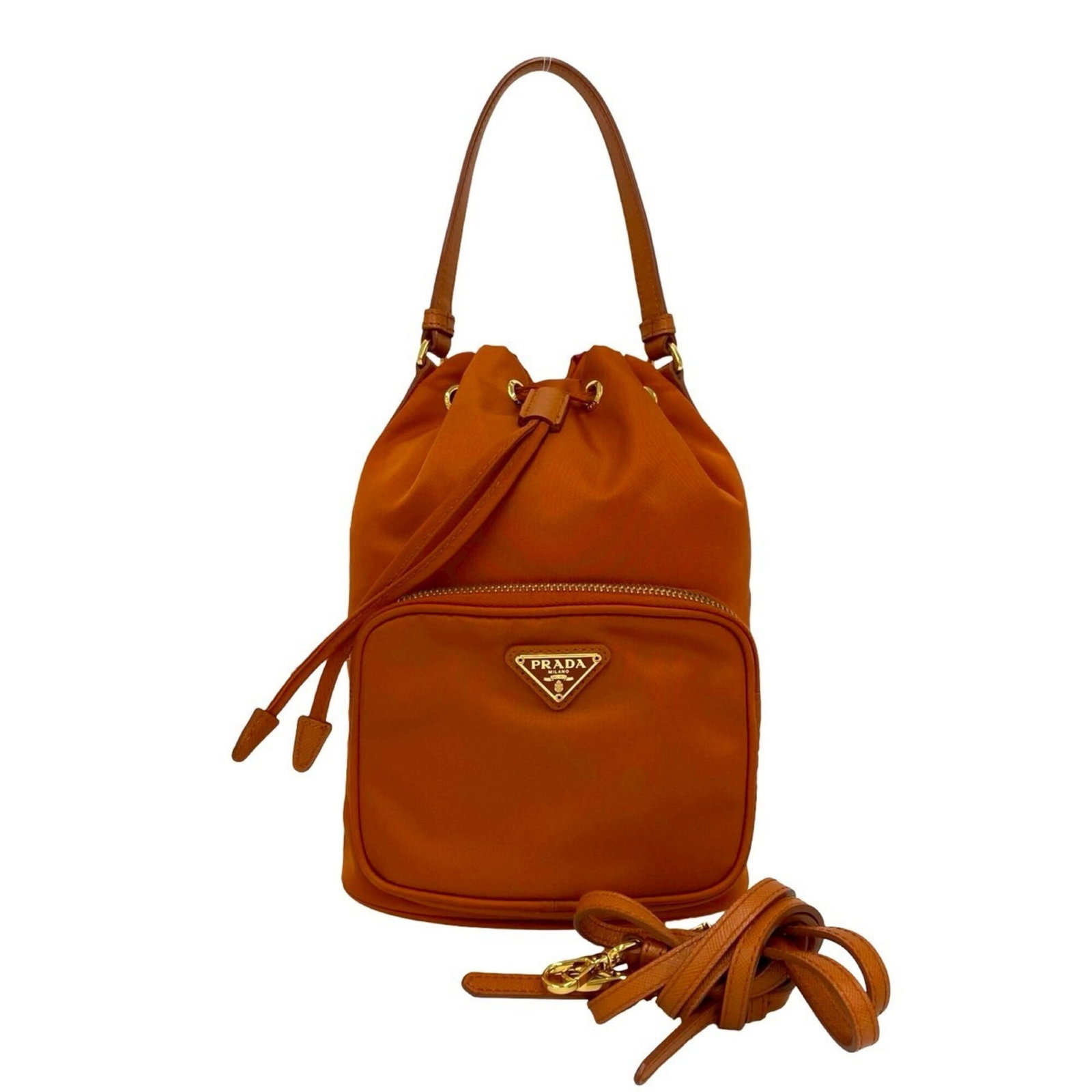 Handbag Nylon Leather Bag Prada Shoulder: Handbag Nylon Leather Bag Prada Shoulder Orange Prada Nylon Leather Shoulder Bag. Made from a combination of nylon and leather, this shoulder bag features a unique blend of materials. Measuring 16cm