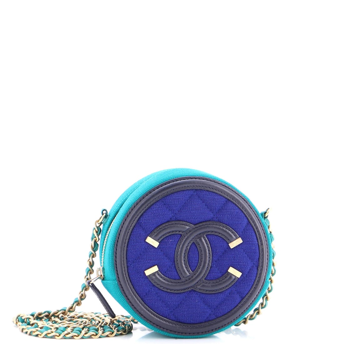 Chanel Lambskin Quilted Jersey Clutch with Chain Round Filigree Mini: Chanel Lambskin Quilted Jersey Clutch with Chain Round Filigree Mini Blue canvas quilted jersey clutch with chain round filigree mini from Chanel, featuring a classic cross body design and minor