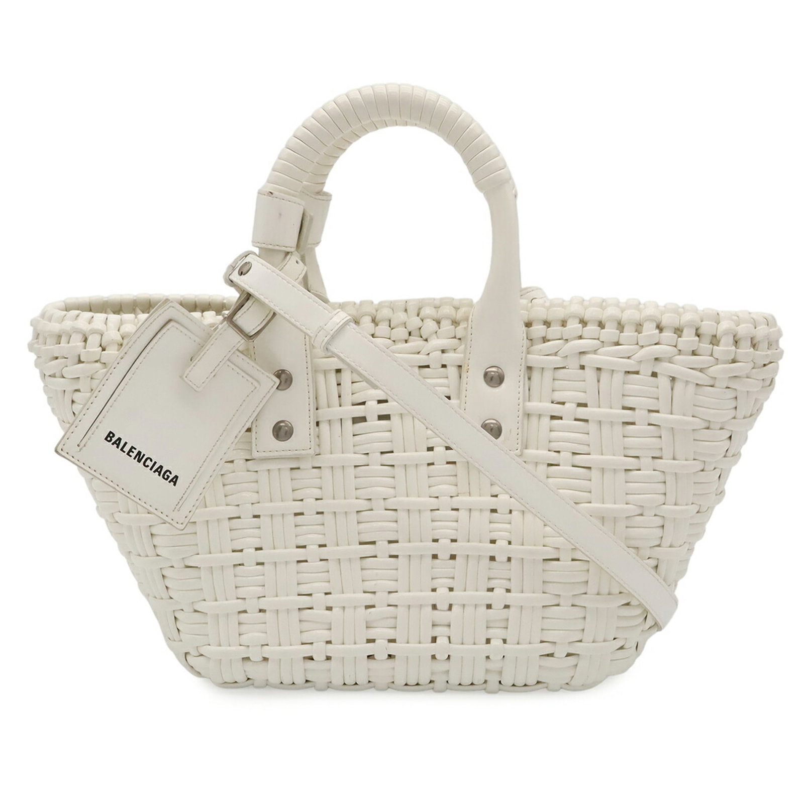 Handbag Basket Straw Shoulder Balenciaga: Handbag Basket Straw Shoulder Balenciaga Straw woven into a sturdy basket design, this Balenciaga shoulder bag features a unique blend of natural materials and craftsmanship. With its signature white