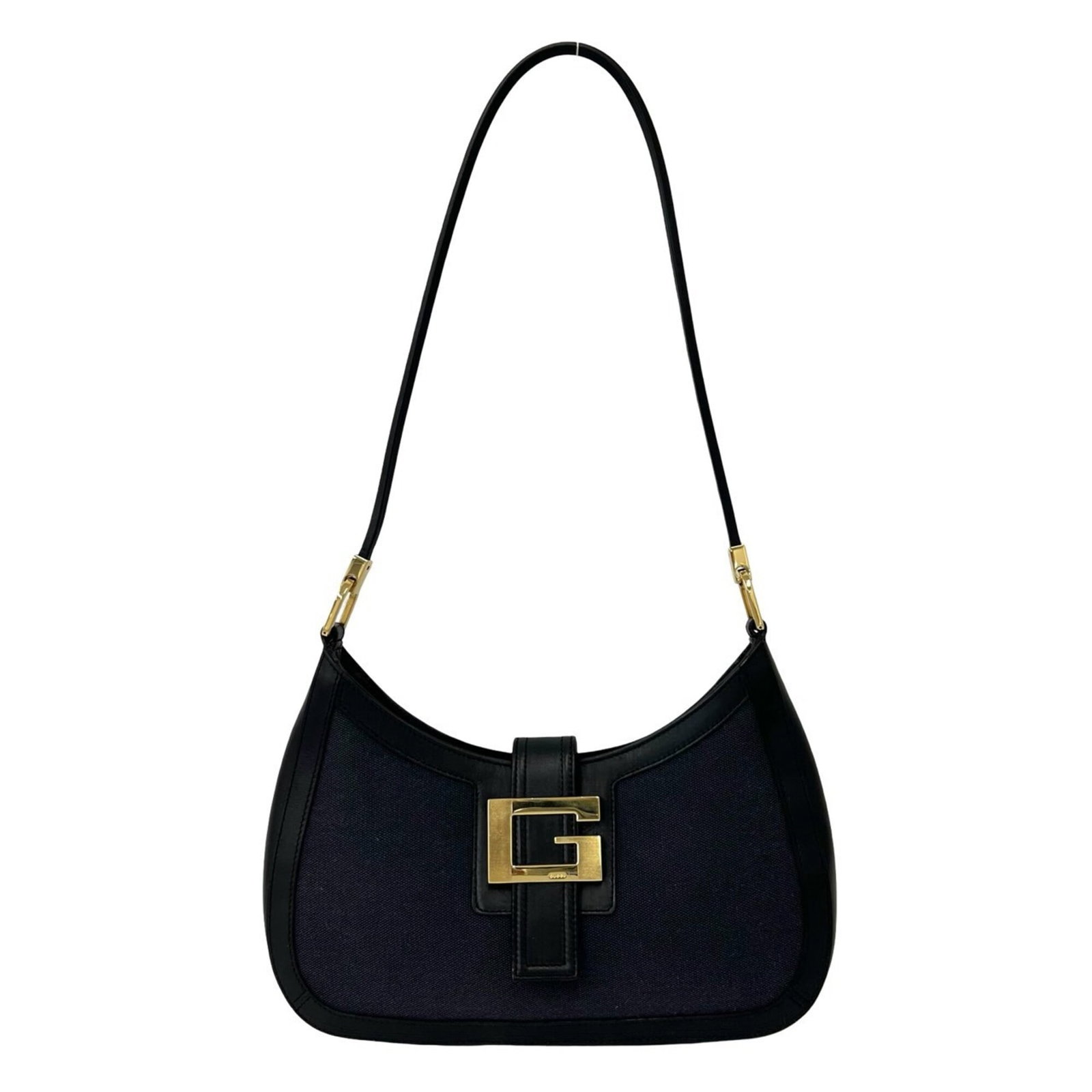 Canvas Leather Tote Bag Gucci Shoulder: Canvas Leather Tote Bag Gucci Shoulder This Gucci shoulder tote bag features a striking black and navy canvas design, perfectly complemented by high-quality leather accents. The bag's sleek 15.5cm x 2