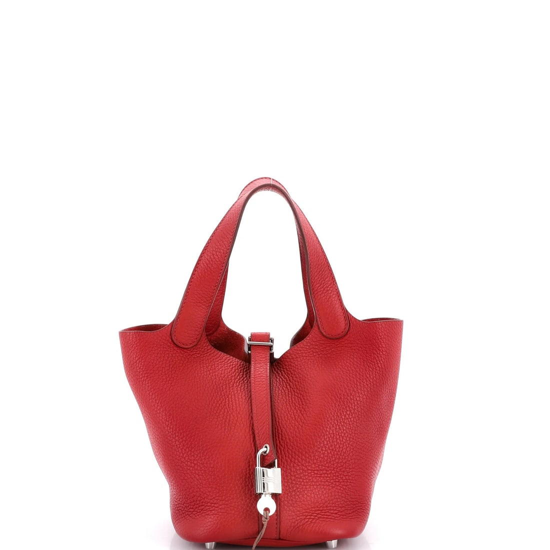 Picotin Lock Bag Clemence Hermes: Picotin Lock Bag Clemence Hermes The Picotin Lock Bag Clemence PM from Hermes boasts a striking red exterior with a rich, raw leather interior. This stylish bag features palladium hardware and a