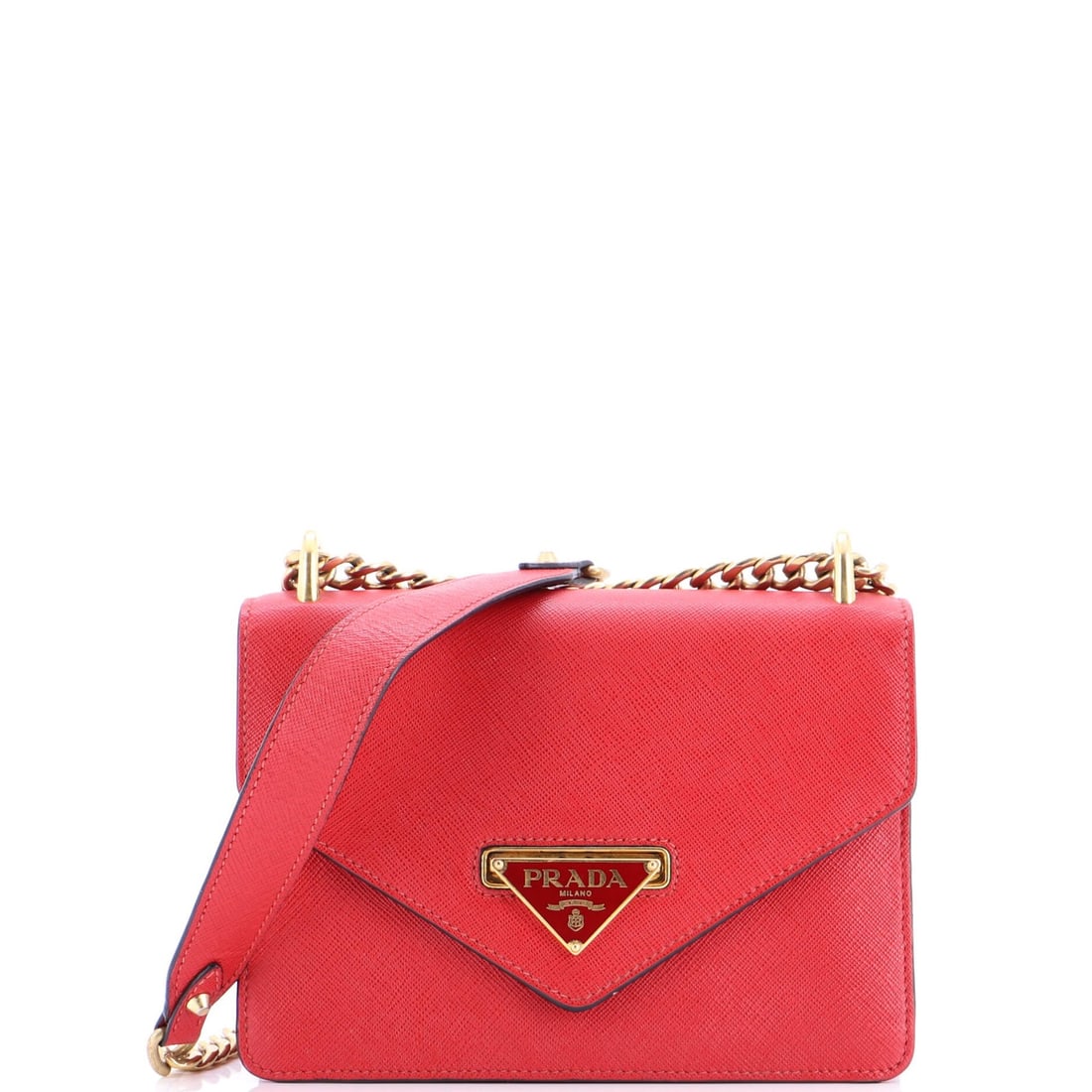 Small Saffiano Leather Chain Flap Shoulder Bag Prada: Small Saffiano Leather Chain Flap Shoulder Bag Prada Small Saffiano Leather Chain Flap Shoulder Bag Prada features a striking red exterior and envelope flap design, crafted from high-quality Saffiano 