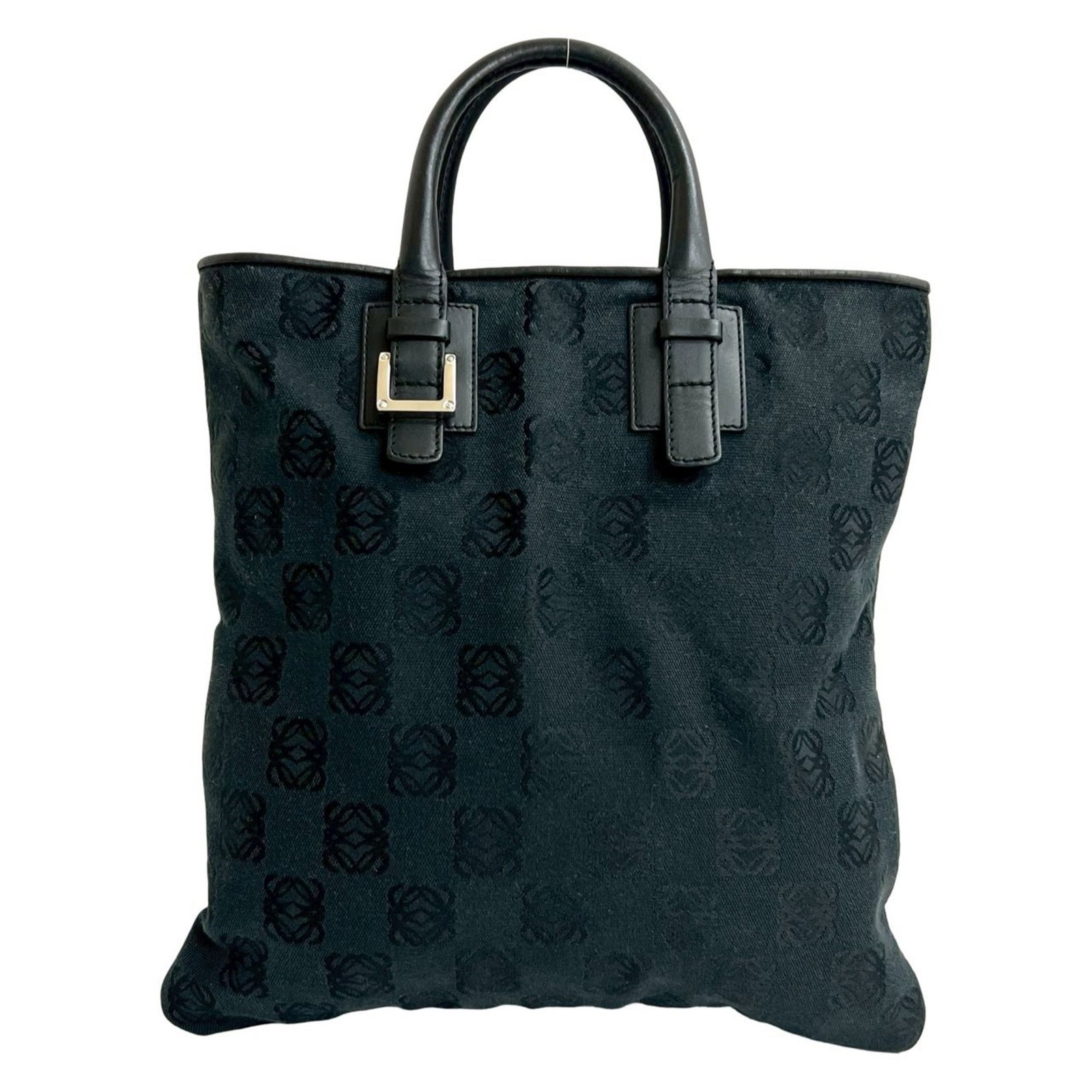 Canvas Leather Handbag Tote Loewe: Canvas Leather Handbag Tote Loewe Canvas and leather come together in this sleek black Loewe tote bag, measuring 33cm x 32cm. The canvas material provides a sturdy base, while the leather accents add