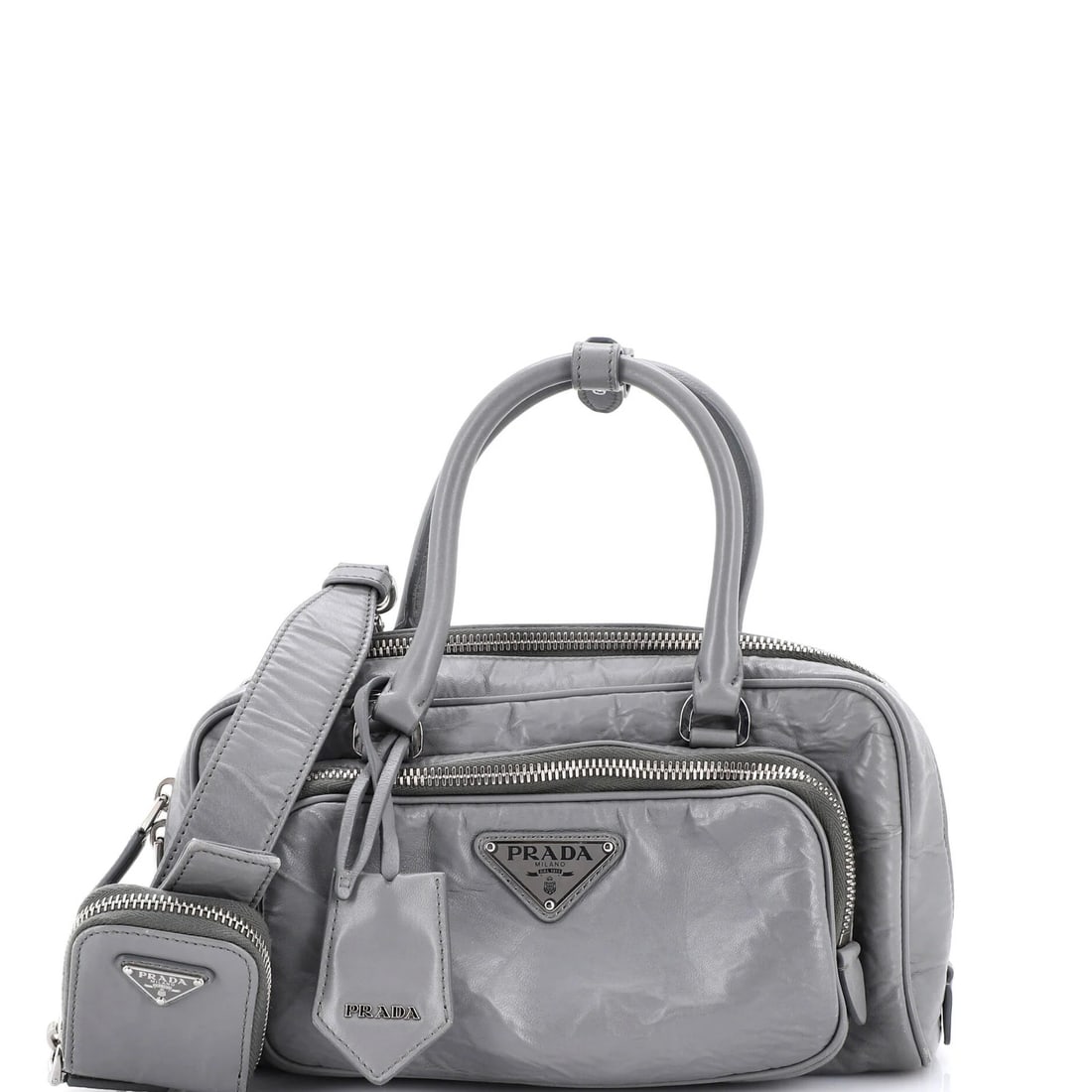 Top Handle Shoulder Bag Nappa Antique Prada Re: Top Handle Shoulder Bag Nappa Antique Prada Re Top Handle Shoulder Bag Nappa Antique Prada Re features a timeless design with a classic gray nappa leather exterior, adorned with silver hardware and a 