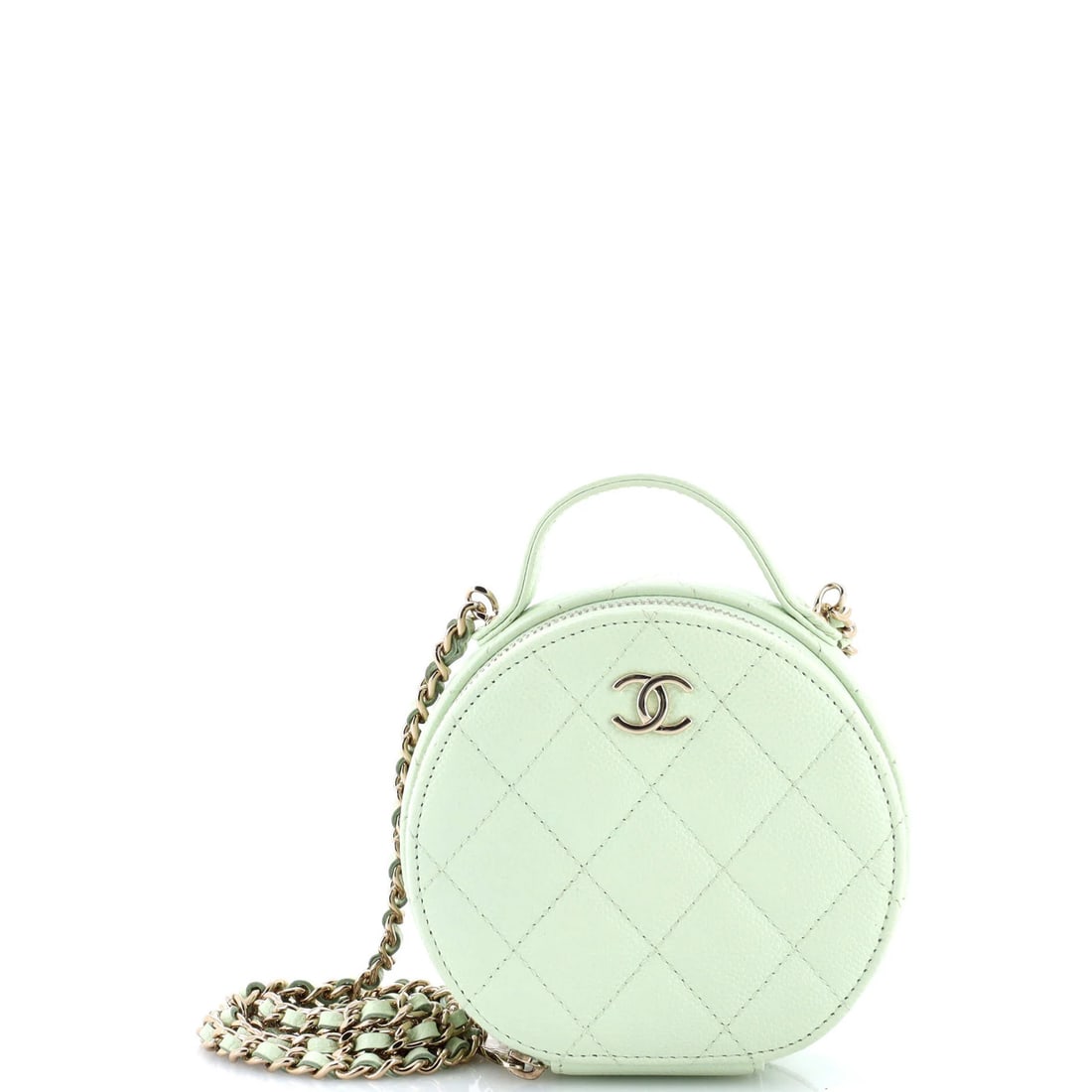 Handle with Care Round Vanity Case with Chain Quilted Small Chanel: Handle with Care Round Vanity Case with Chain Quilted Small Chanel Small Green Chanel Handle with Care Round Vanity Case with Chain Quilted Caviar features a classic cross body design, chain quilted