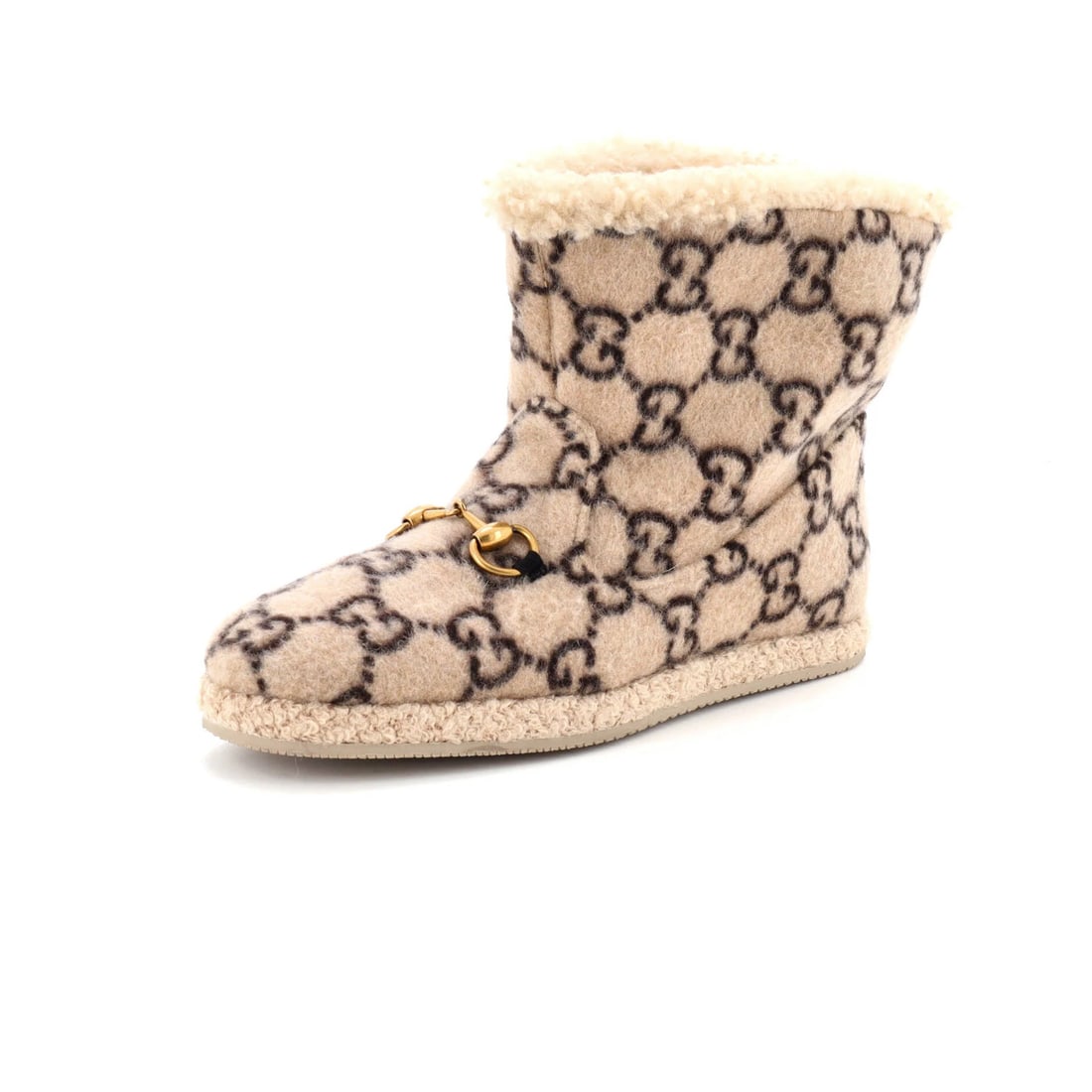 Men's Fria Horsebit Ankle Boots Gucci GG Wool Shearling: Men's Fria Horsebit Ankle Boots Gucci GG Wool Shearling Shearling and wool combine in the Gucci Men's Fria Horsebit Ankle Boots, offering a neutral and sophisticated look. The boots feature a classic
