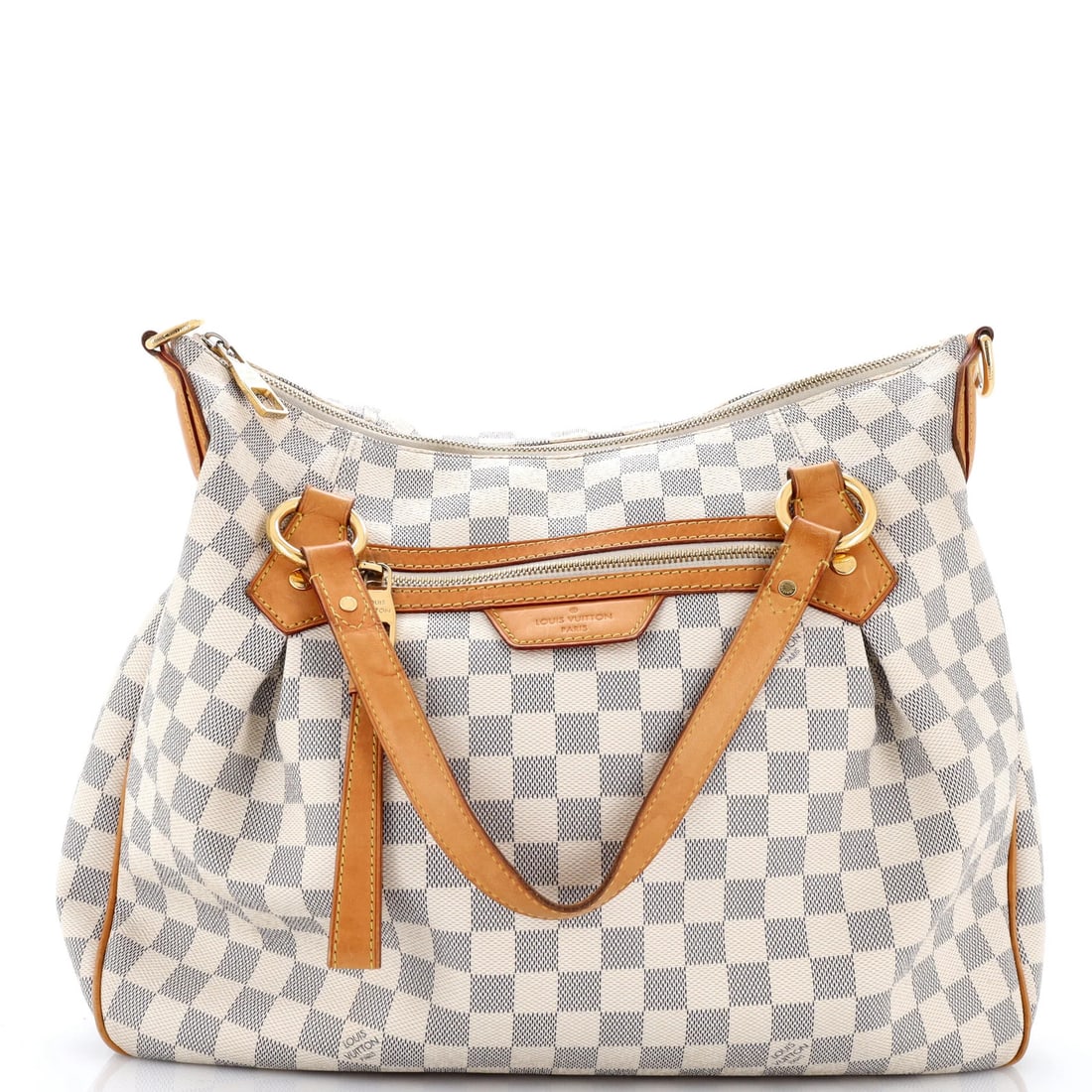 Louis Vuitton Evora Damier MM: Louis Vuitton Evora Damier MM White Louis Vuitton Evora Damier MM Satchel with Gold Hardware, featuring a classic canvas coated exterior and neutral microfiber interior, measures 13" tall and 15"