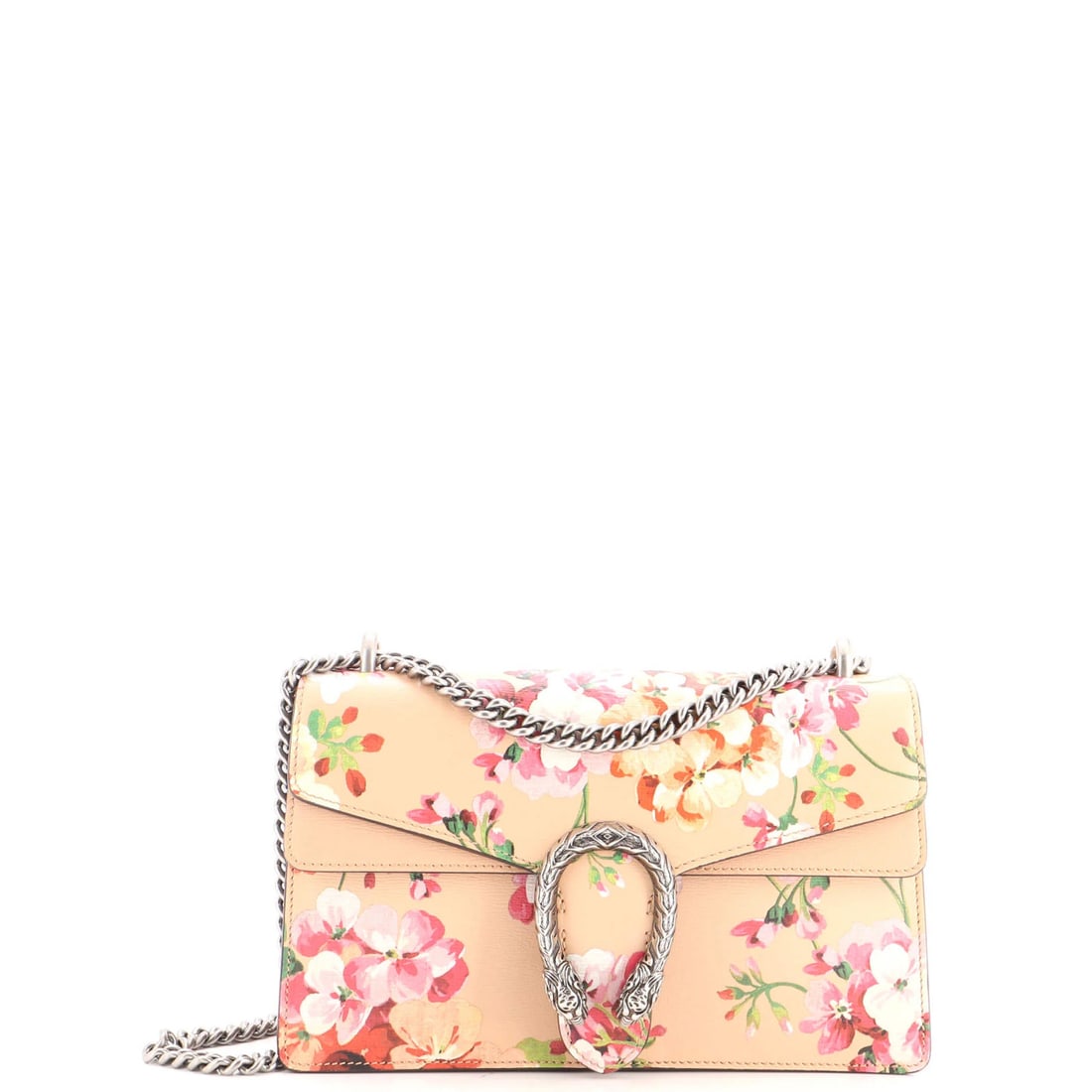 Print Leather Small Gucci Bag Dionysus Blooms: Print Leather Small Gucci Bag Dionysus Blooms Small Dionysus Bag Blooms Print Leather Gucci Bag in Neutral Exterior Color. This small shoulder bag features a blooming print on its exterior leather, wi
