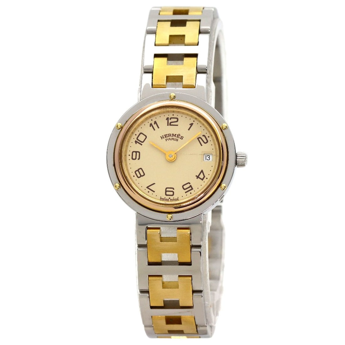 Steel Watches Clipper Hermes Stainless Ssxgp: Steel Watches Clipper Hermes Stainless Ssxgp Steel Watches Clipper Hermes Stainless Ssxgp features a gold bezel and case, with an ivory dial and analog display. The stainless steel watch has a 24mm ca