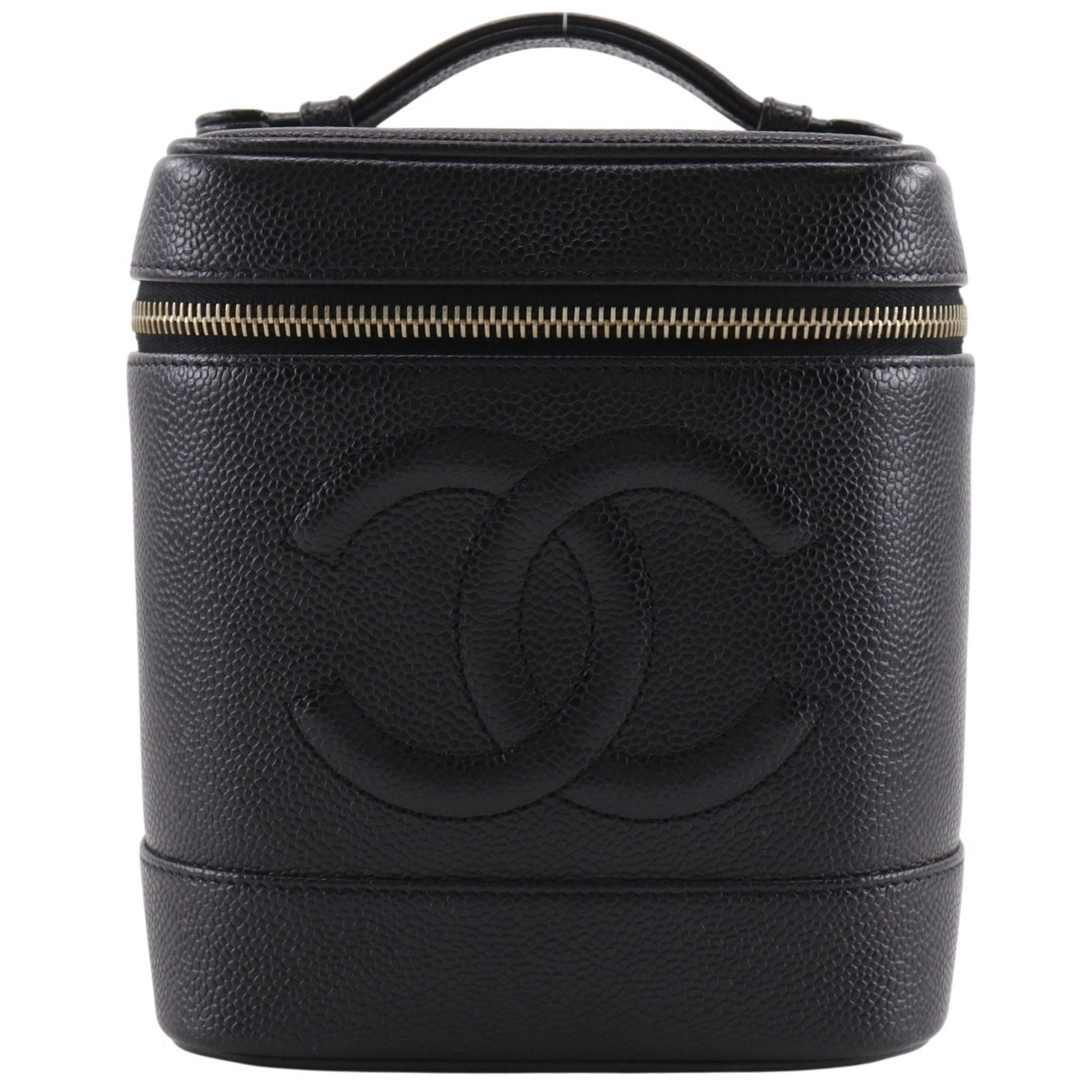 Calfskin Grained Bag Chanel Vanity: Calfskin Grained Bag Chanel Vanity Grained Calfskin Bag from Chanel Vanity, 17cm x 15cm x 12cm, Black, 310g. This vanity bag features a sleek design with a 2.50cm drop handle, crafted from