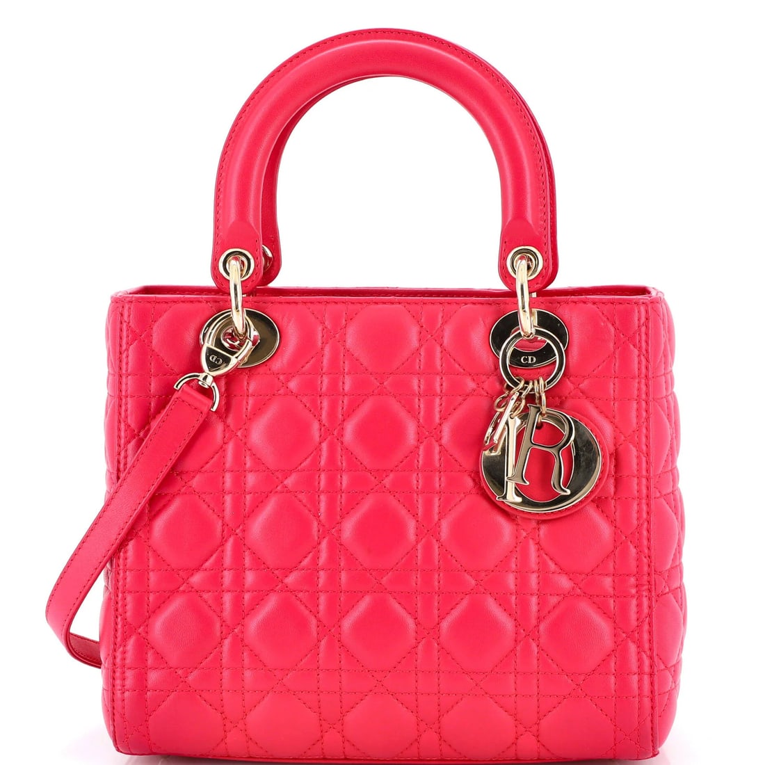 Lady Dior Bag Medium Quilt Lambskin Cannage Christian Dior: Lady Dior Bag Medium Quilt Lambskin Cannage Christian Dior Pink Lady Dior Bag Medium Quilt Lambskin Cannage features a classic design with a medium size, 5" handle drop, and 17.5" strap drop. The exte