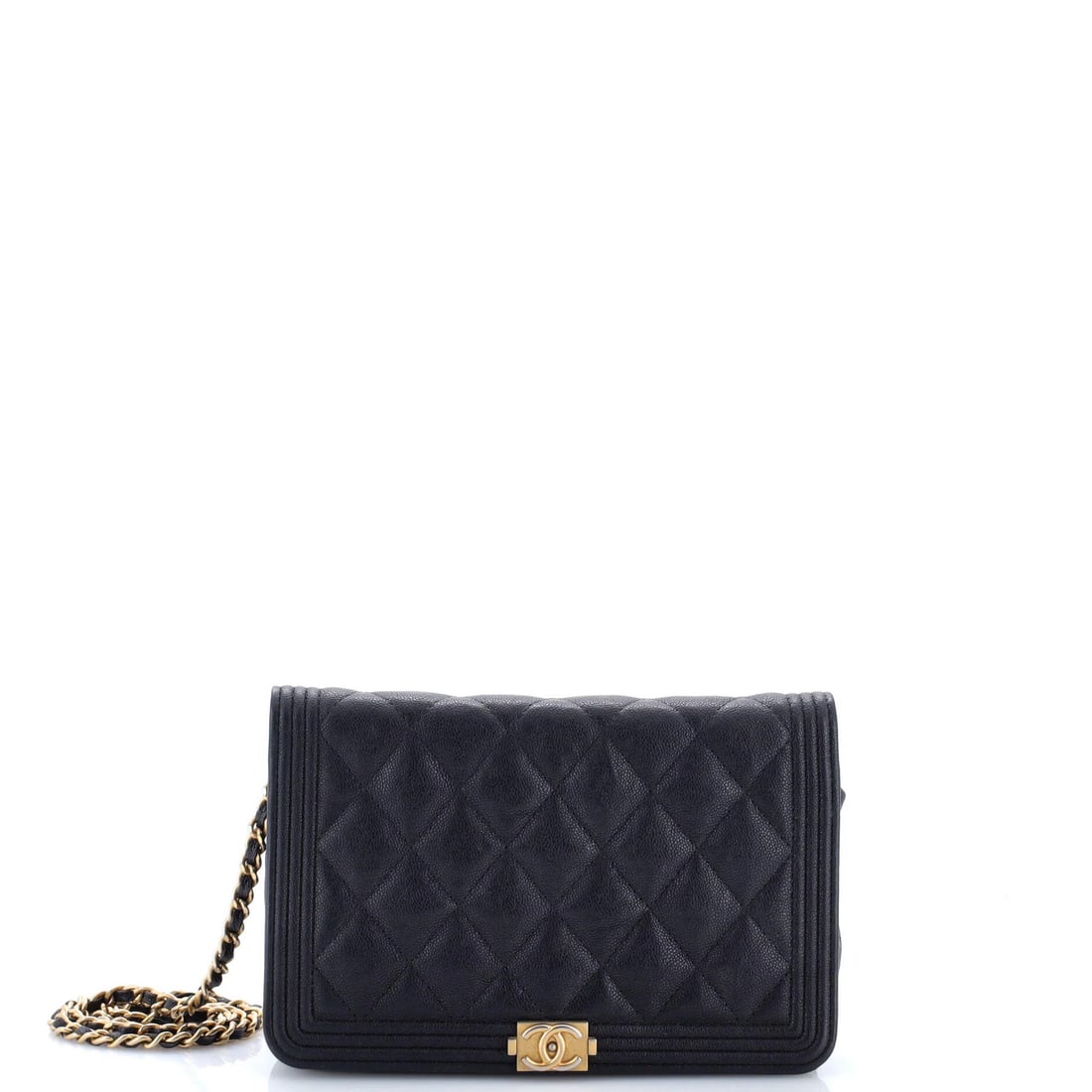 Quilted Caviar Boy Wallet Chain on Chanel: Quilted Caviar Boy Wallet Chain on Chanel Blue quilted caviar leather wallet chain on chain from Chanel, featuring a 5" long strap with a 24" drop. The exterior has been touched up with minor scuffs, 
