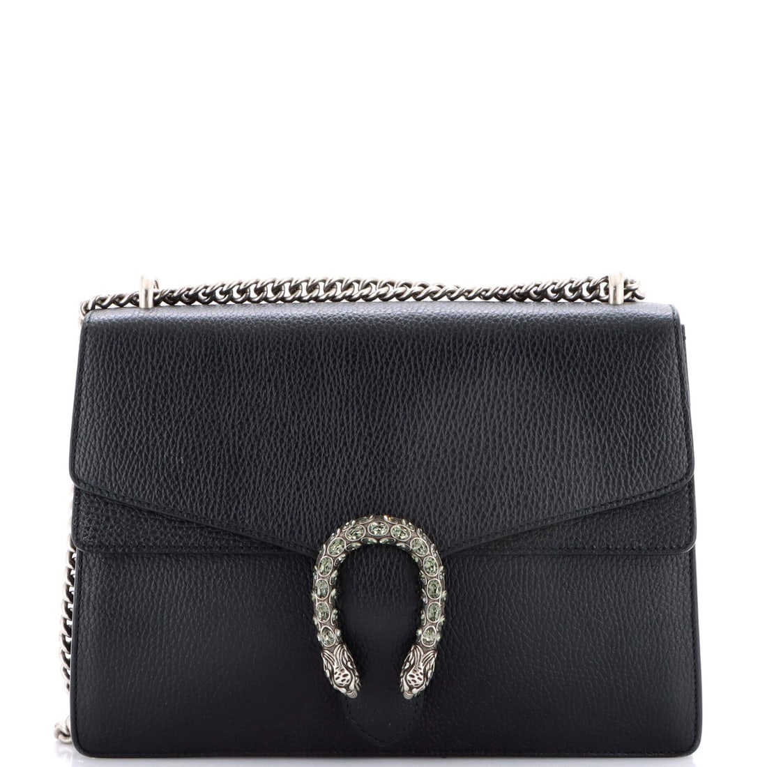 Medium leather Dionysus bag Gucci: Medium leather Dionysus bag Gucci Medium leather Dionysus bag Gucci in black exterior with crystal accents, featuring a shoulder strap with a 14" drop and interior with neutral fabric. The bag showcas