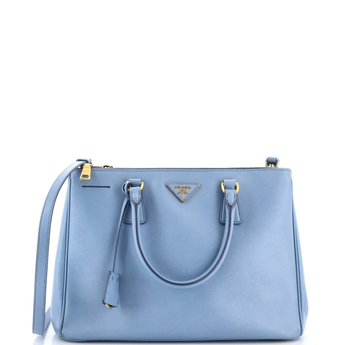 Saffiano Leather Lux Prada Double Medium Tote Zip: Saffiano Leather Lux Prada Double Medium Tote Zip Saffiano Leather Lux Prada Double Medium Tote Zip - A stylish and functional tote with a rich blue exterior, featuring a double zip closure and gold