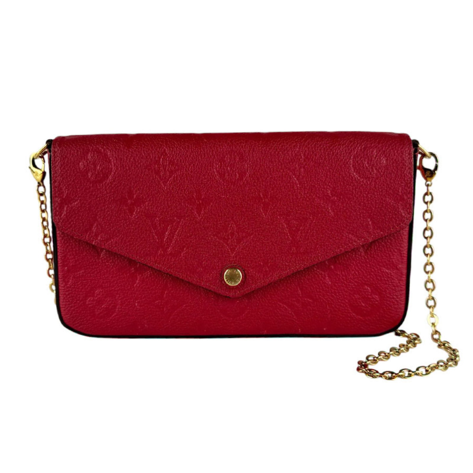 Shoulder Bag Pochette Monogram Vuitton Empreinte Louis: Shoulder Bag Pochette Monogram Vuitton Empreinte Louis Monogram Empreinte Louis Vuitton Pochette in bold red color, a stylish and compact shoulder bag with a classic design. Measuring 12cm x 21cm x 3c