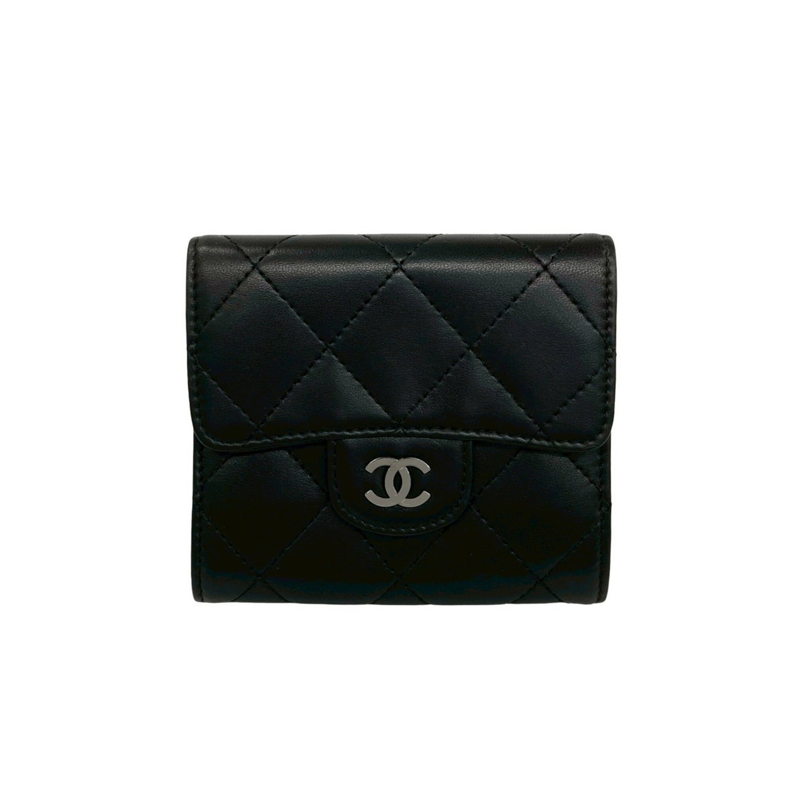 Chanel Wallet (Tri-Fold) Leather: Chanel Wallet (Tri-Fold) Leather This tri-fold leather wallet from Chanel features a sleek black lambskin design, measuring 9cm x 10cm x 3.5cm. Made from high-quality leather, its classic tri-fold