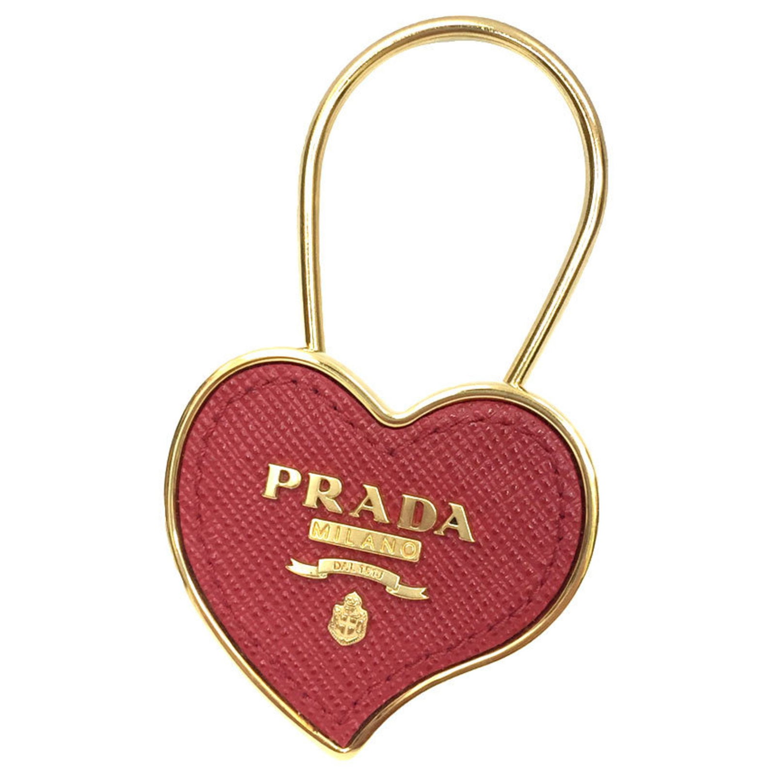 Prada metal leather keyring: Prada metal leather keyring The Prada metal leather keyring boasts a striking combination of gold metal and premium leather, measuring 8cm x 4.5cm. Its sleek design makes it a stylish accessory for ev
