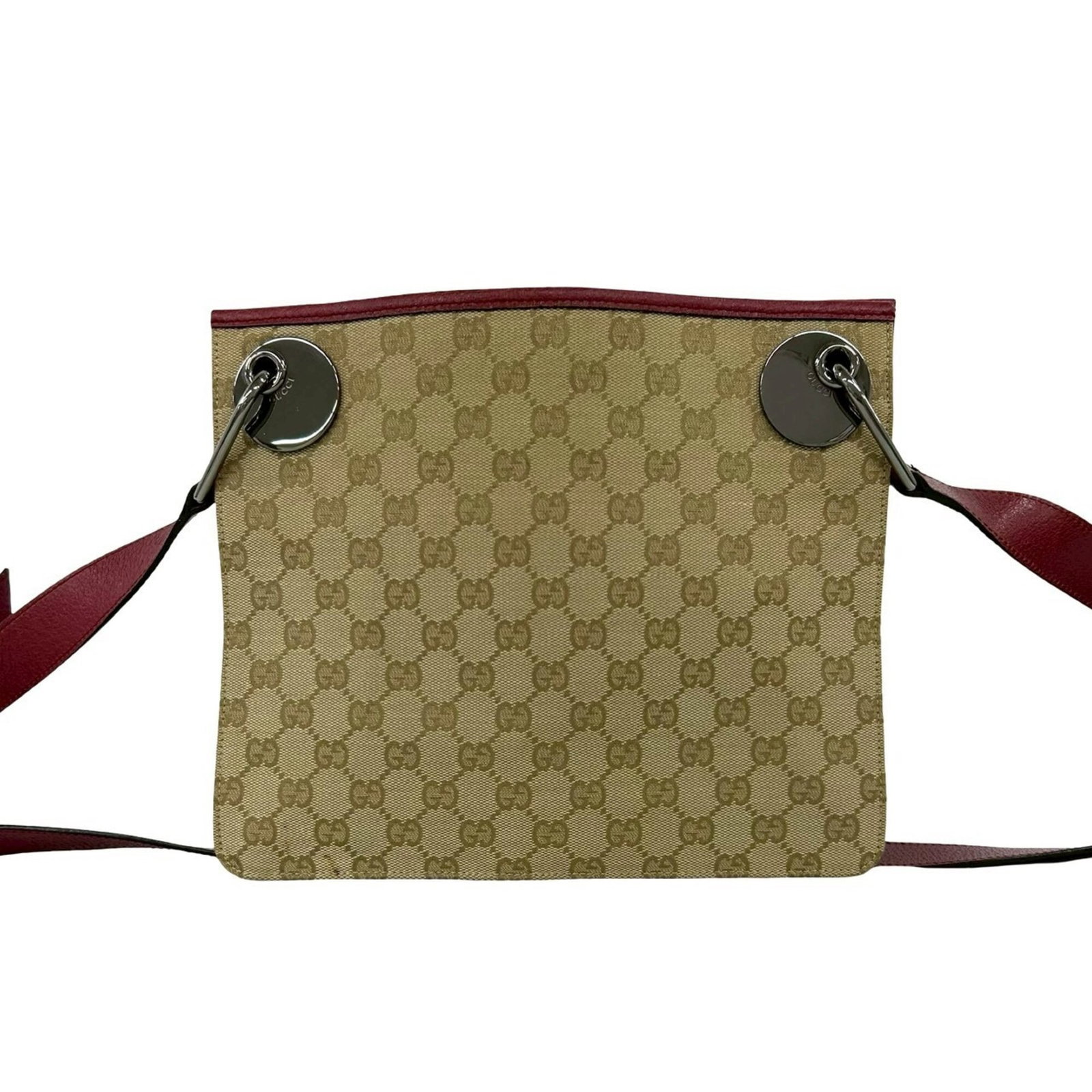 Canvas Leather Pochette Gucci Shoulder Bag: Canvas Leather Pochette Gucci Shoulder Bag Canvas Leather Pochette Gucci Shoulder Bag is a classic design with a timeless aesthetic. Measuring 23cm x 27cm x 3cm, this beige and Bordeaux-colored bag