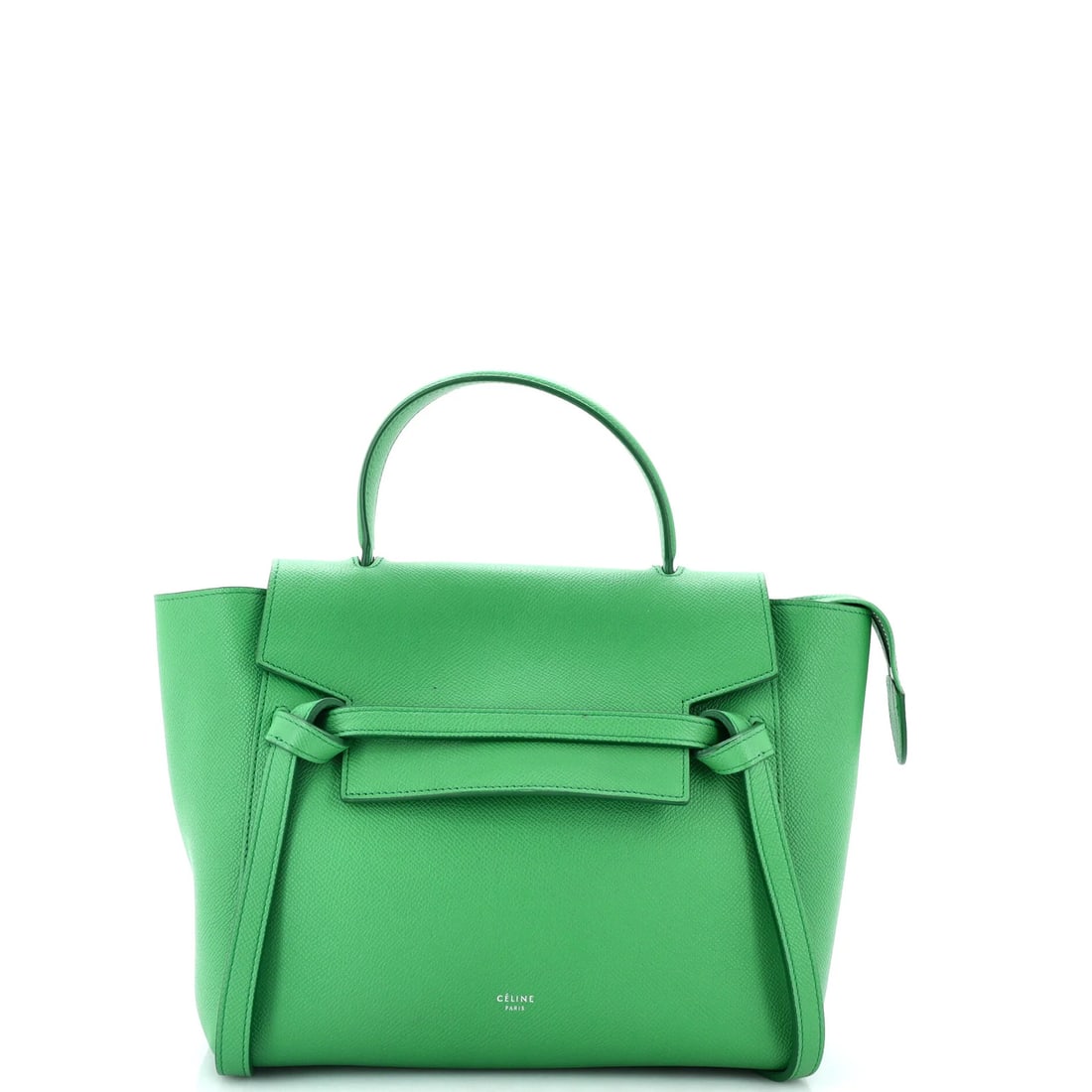 Textured Leather Belt Bag Celine Micro: Textured Leather Belt Bag Celine Micro The Celine Micro Textured Leather Belt Bag boasts a striking green exterior with subtle texture, complemented by a sleek silver buckle. Measuring 8.5" tall and