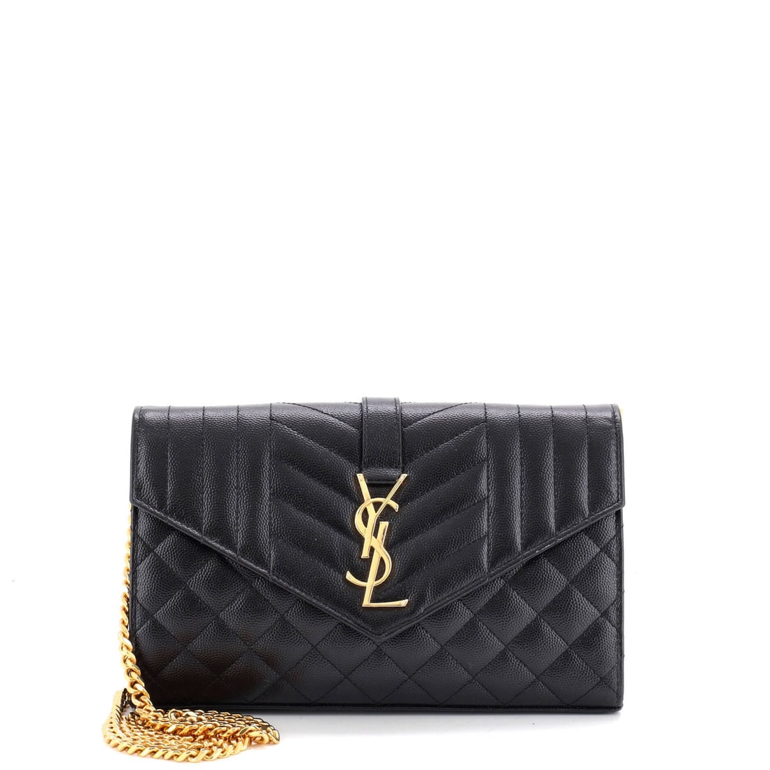 Monogram Chain Wallet Saint Laurent Medium Leather Matelasse Classic: Monogram Chain Wallet Saint Laurent Medium Leather Matelasse Classic Black Saint Laurent Medium Leather Matelasse Classic Monogram Chain Wallet with gold hardware, featuring a medium size and classic
