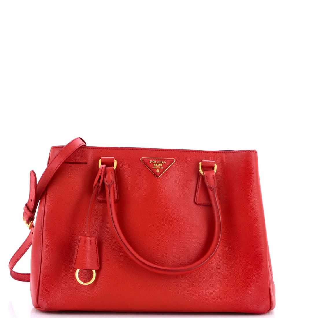 Prada Gardener's Tote Saffiano Leather Medium: Prada Gardener's Tote Saffiano Leather Medium The Prada Gardener's Tote Saffiano Leather Medium boasts a striking red exterior, complemented by a gold clochette and strap, adding a touch of