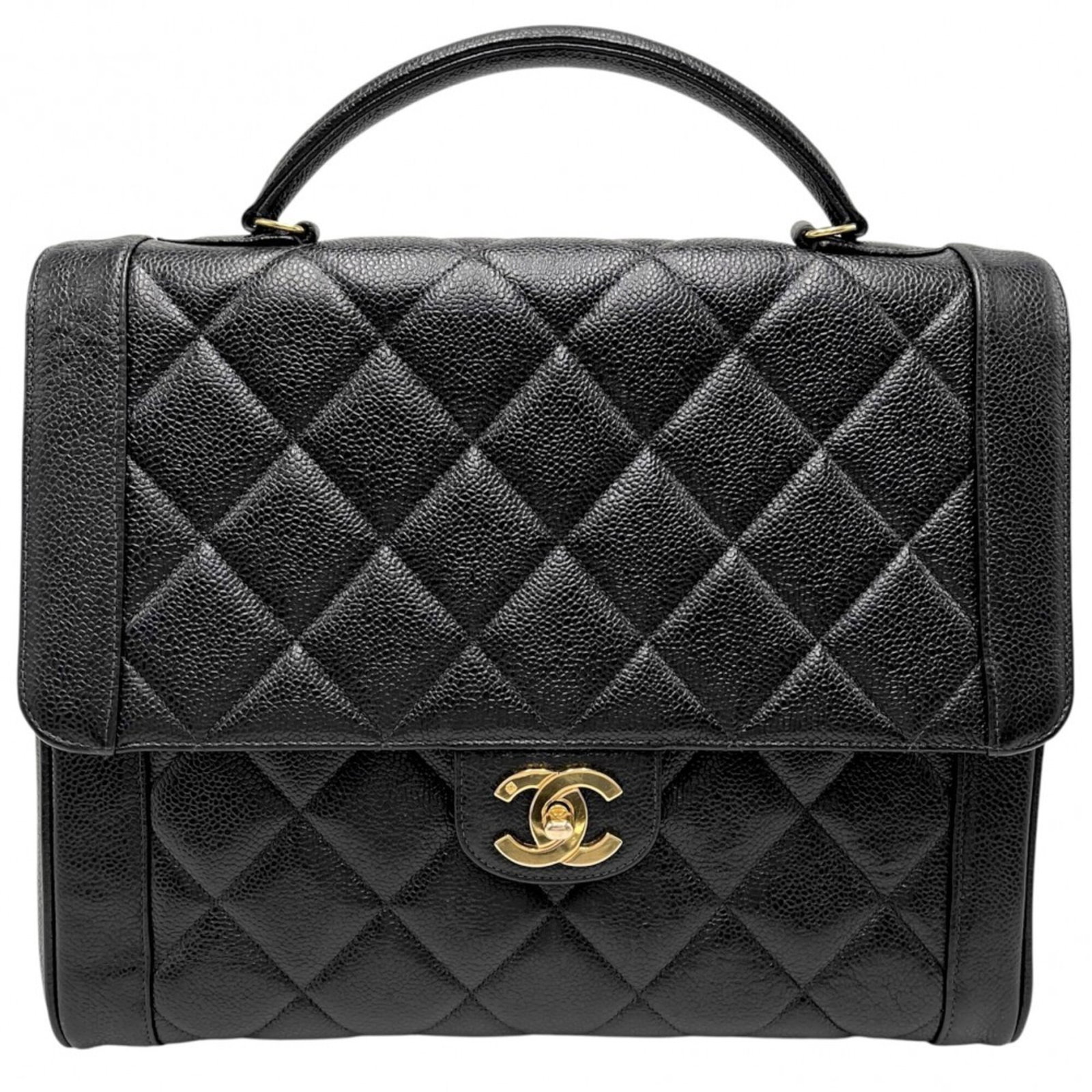 Calfskin Handbag Chanel: Calfskin Handbag Chanel Calfskin Handbag Chanel - A Timeless Black Classic. Made from high-quality Grained Calfskin, this 25cm x 31.5cm x 12cm handbag boasts a sleek and sophisticated design. Its