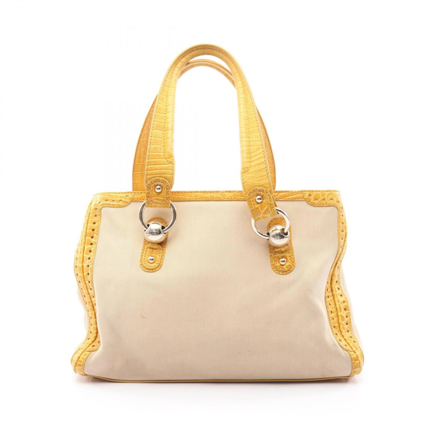 Shoulder Bag Canvas Leather Handbag: Shoulder Bag Canvas Leather Handbag Canvas and leather come together in this stylish shoulder bag, featuring embossed leather details in a unique beige and yellow color combination. Measuring 24cm x 3